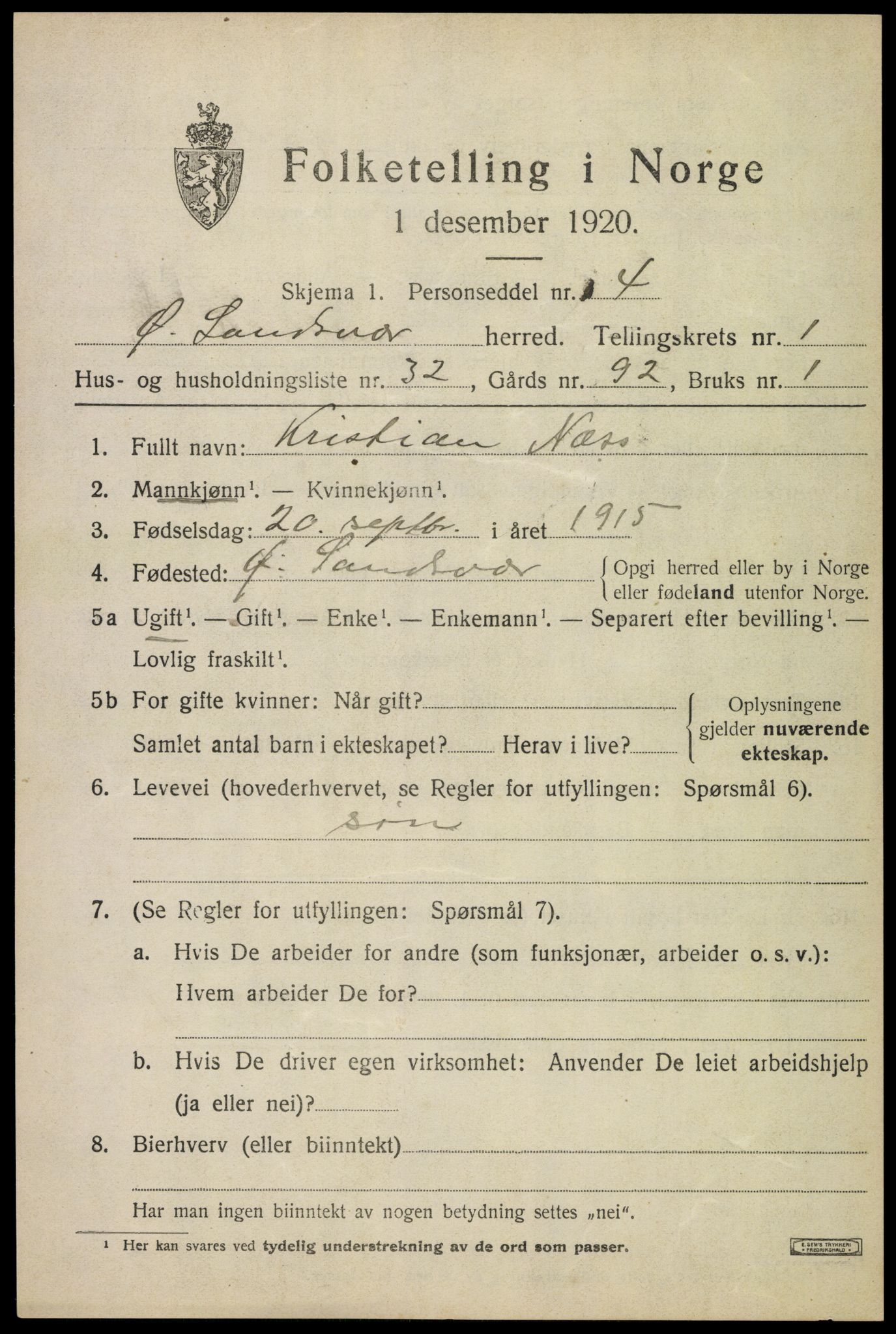 SAKO, 1920 census for Øvre Sandsvær, 1920, p. 1326