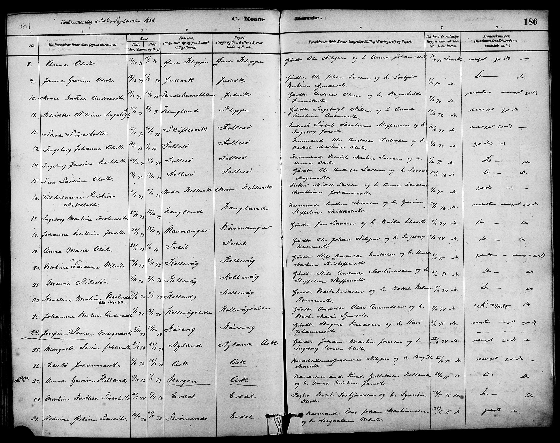 Askøy Sokneprestembete, SAB/A-74101/H/Ha/Haa/Haab/L0001: Parish register (official) no. B 1, 1878-1889, p. 186