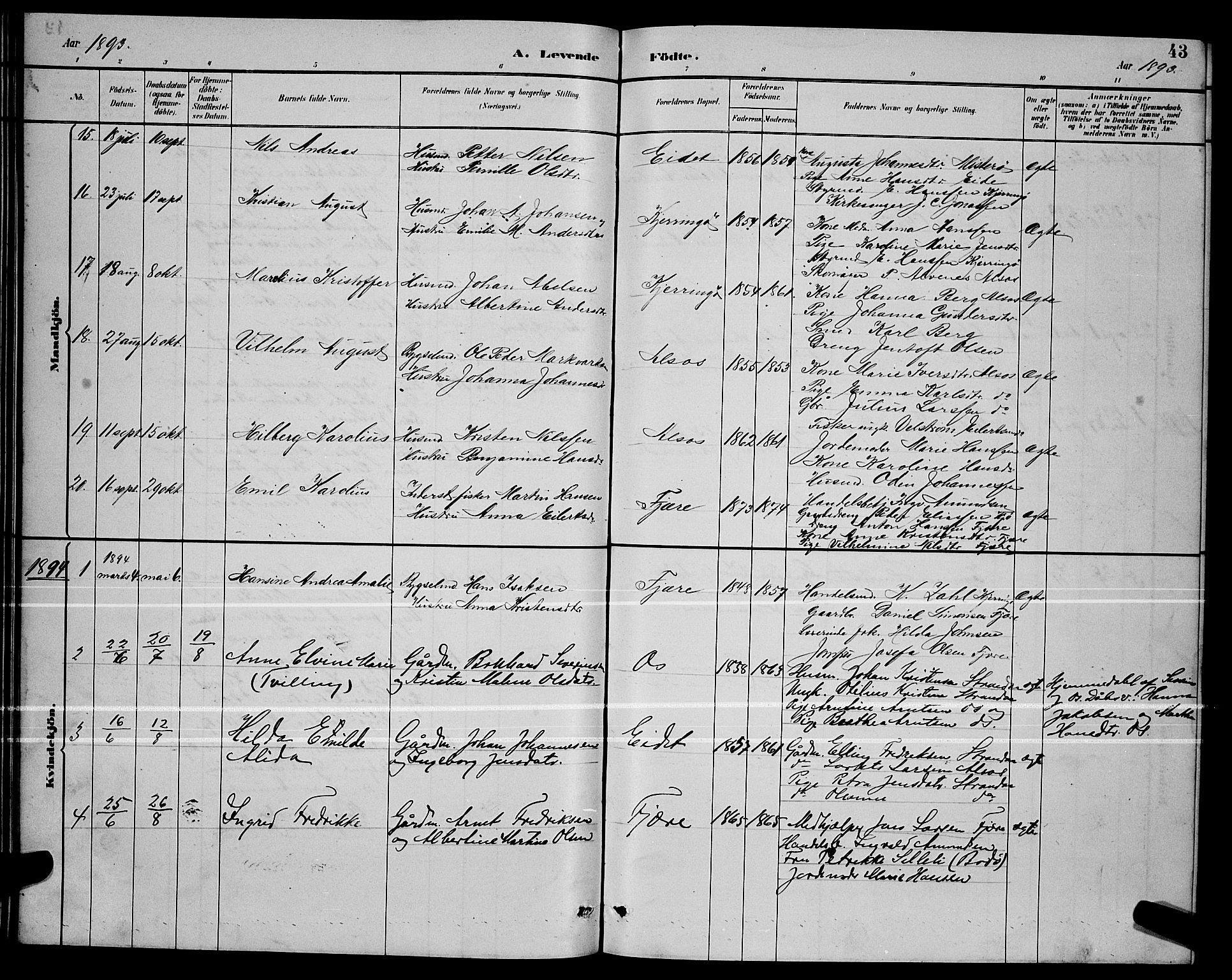 Ministerialprotokoller, klokkerbøker og fødselsregistre - Nordland, SAT/A-1459/803/L0076: Parish register (copy) no. 803C03, 1882-1897, p. 43