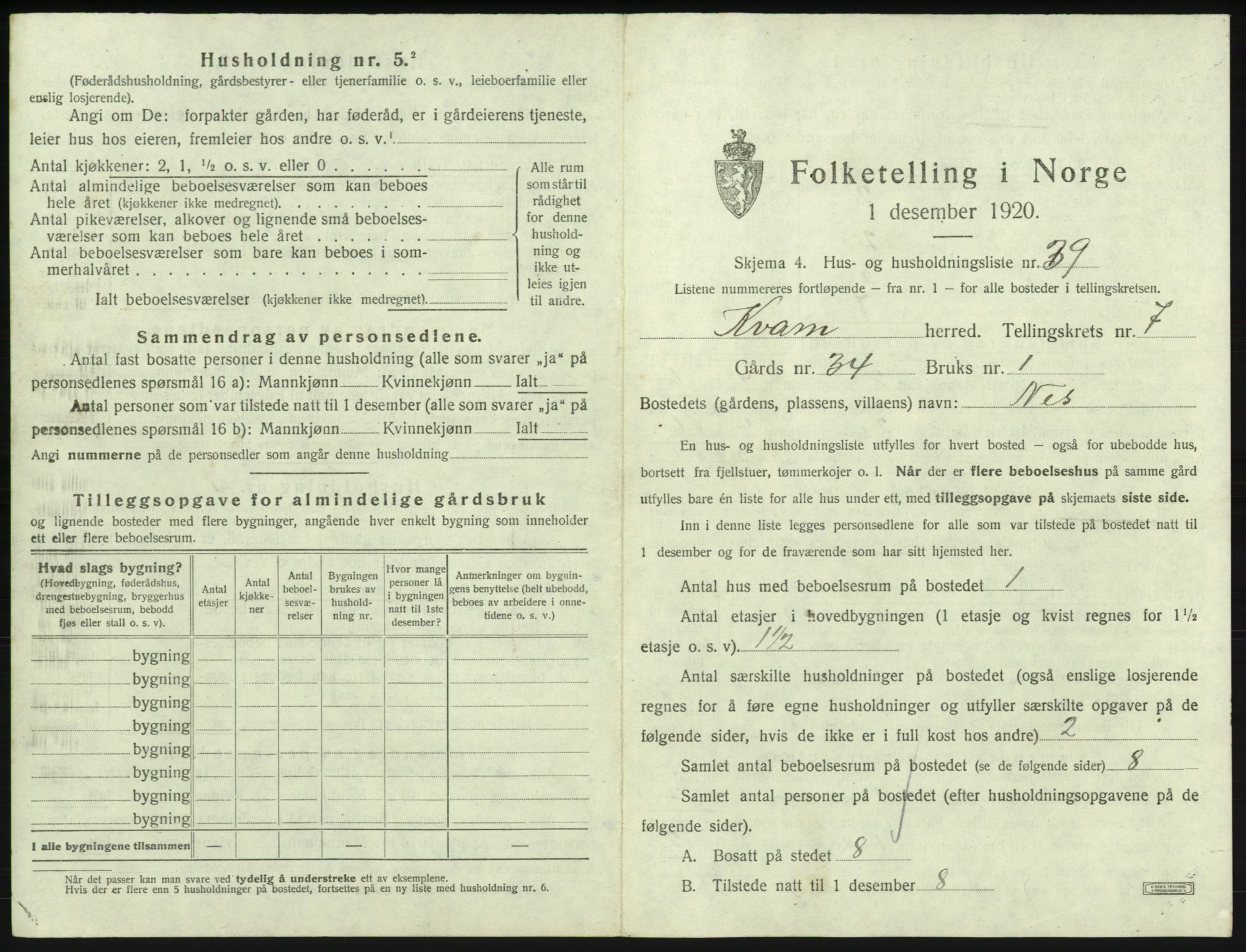 SAB, 1920 census for Kvam, 1920, p. 634