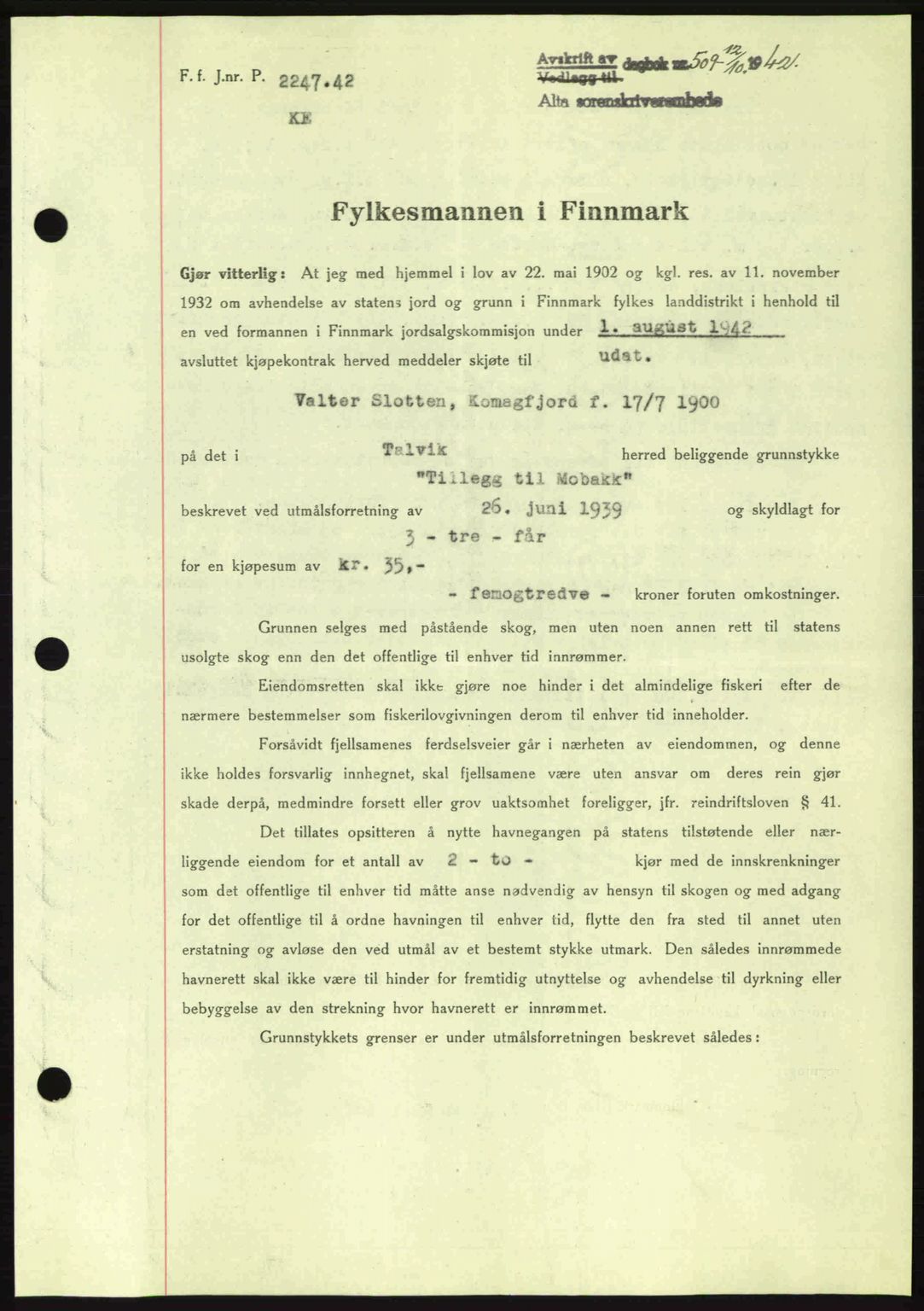 Alta fogderi/sorenskriveri, SATØ/SATØ-5/1/K/Kd/L0033pantebok: Mortgage book no. 33, 1940-1943, Diary no: : 509/1942