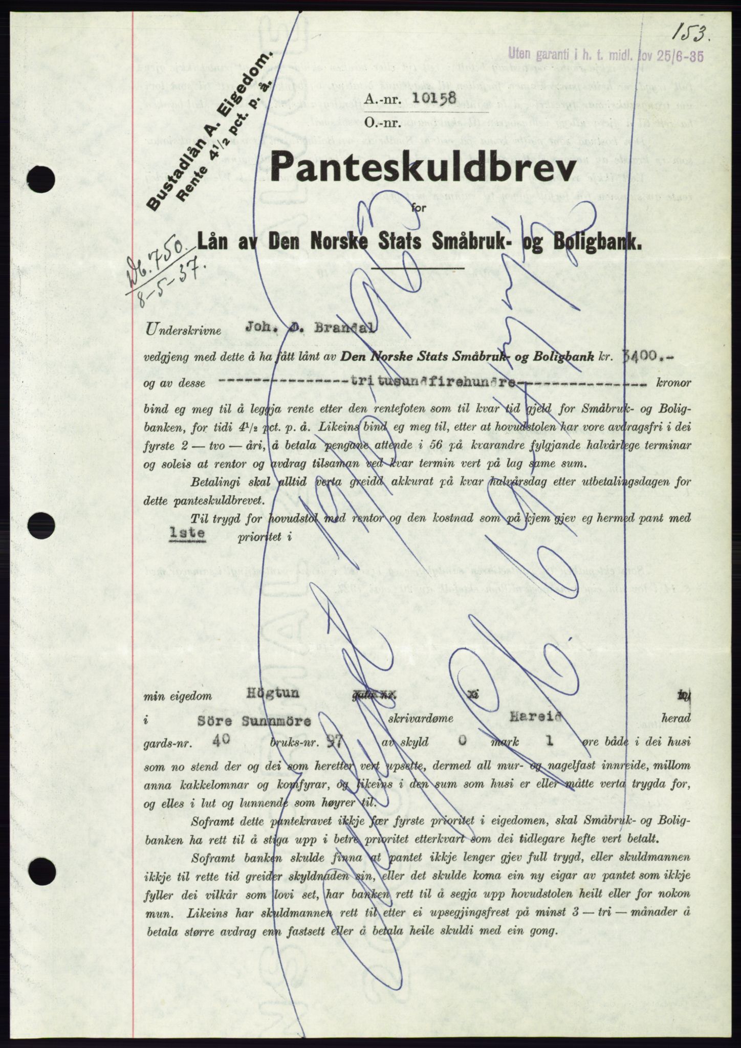 Søre Sunnmøre sorenskriveri, AV/SAT-A-4122/1/2/2C/L0063: Mortgage book no. 57, 1937-1937, Diary no: : 750/1937