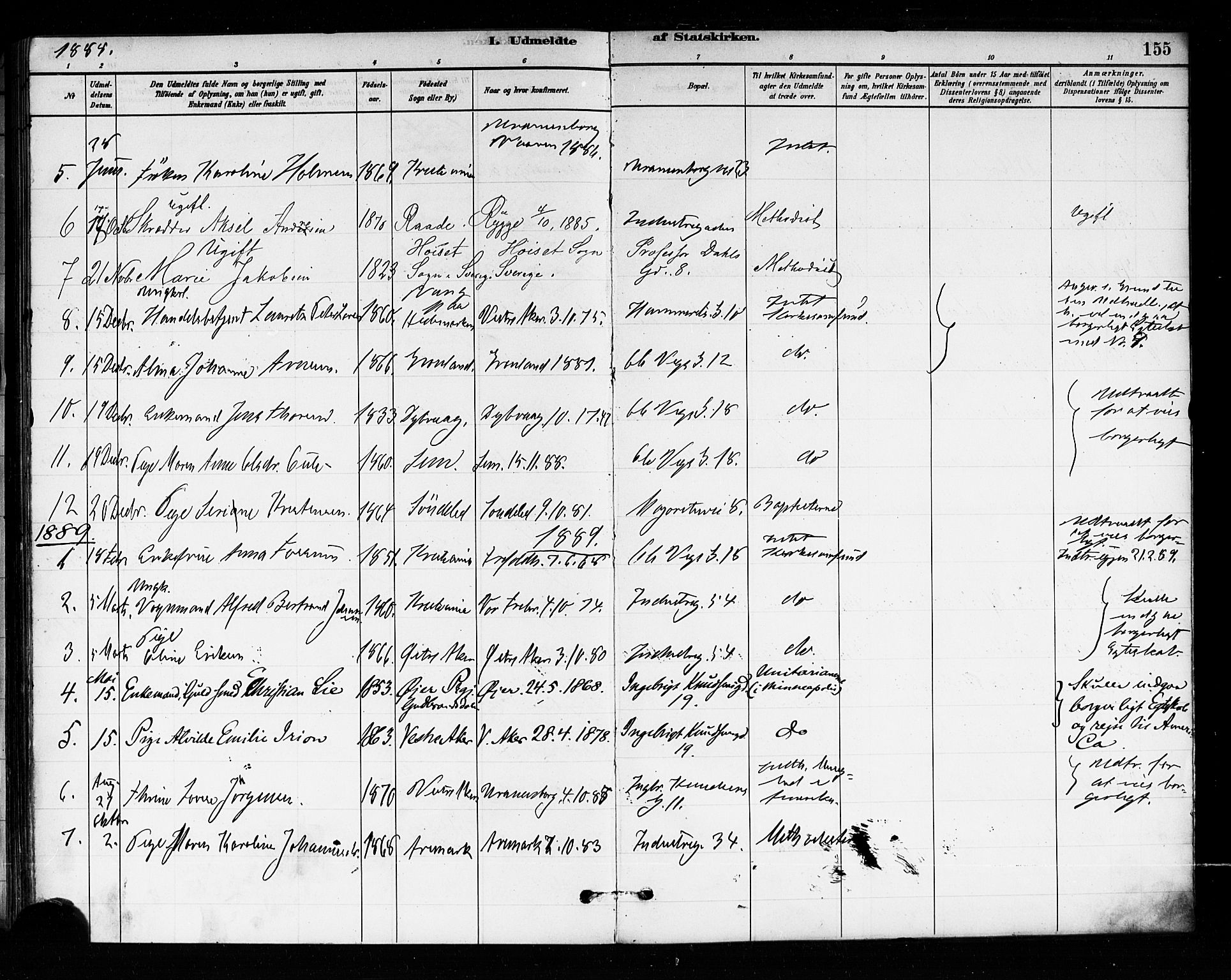 Uranienborg prestekontor Kirkebøker, AV/SAO-A-10877/F/Fa/L0004: Parish register (official) no. 4, 1880-1901, p. 155