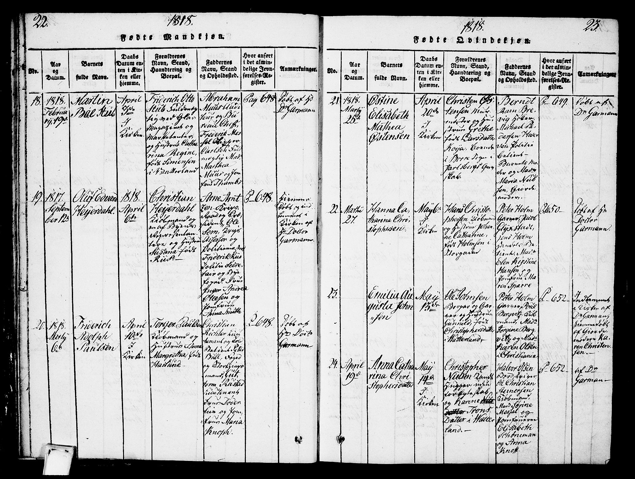 Oslo domkirke Kirkebøker, SAO/A-10752/F/Fa/L0007: Parish register (official) no. 7, 1817-1824, p. 22-23