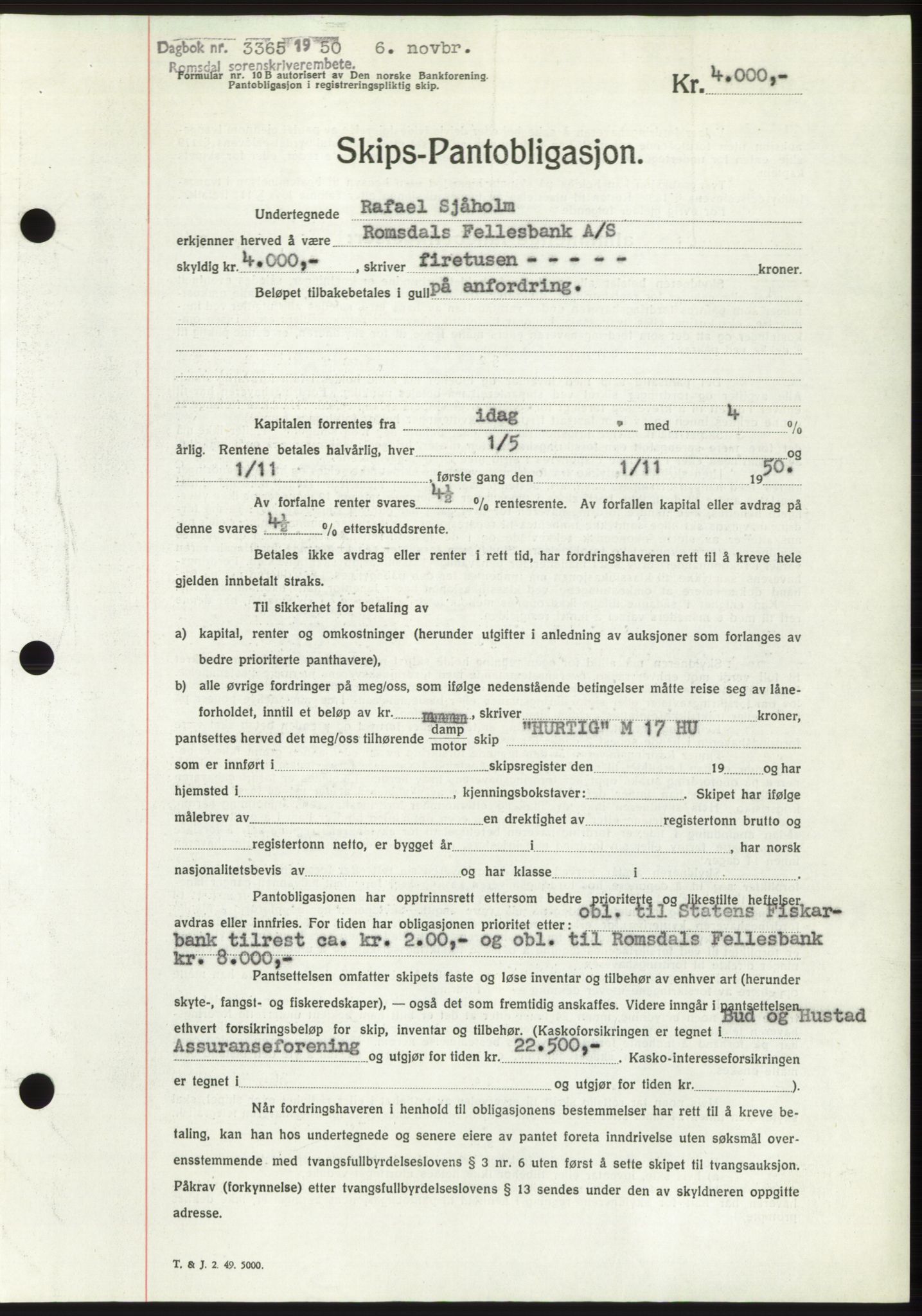 Romsdal sorenskriveri, AV/SAT-A-4149/1/2/2C: Mortgage book no. B5, 1949-1950, Diary no: : 3365/1950