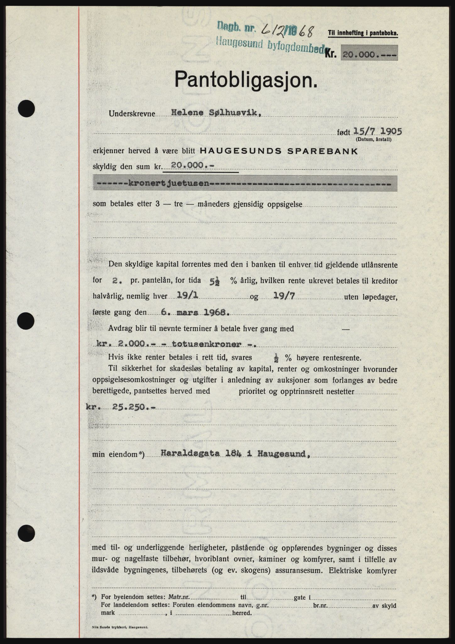 Haugesund tingrett, SAST/A-101415/01/II/IIC/L0058: Mortgage book no. B 58, 1967-1968, Diary no: : 612/1968