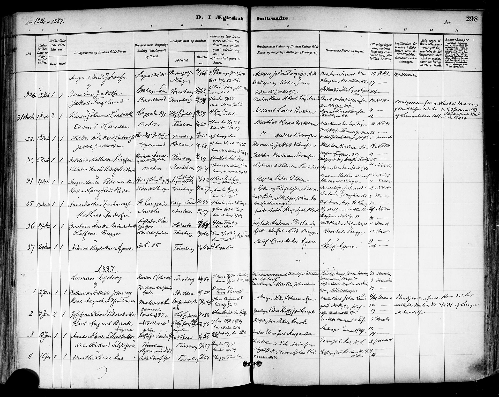 Tønsberg kirkebøker, SAKO/A-330/F/Fa/L0011: Parish register (official) no. I 11, 1881-1890, p. 298