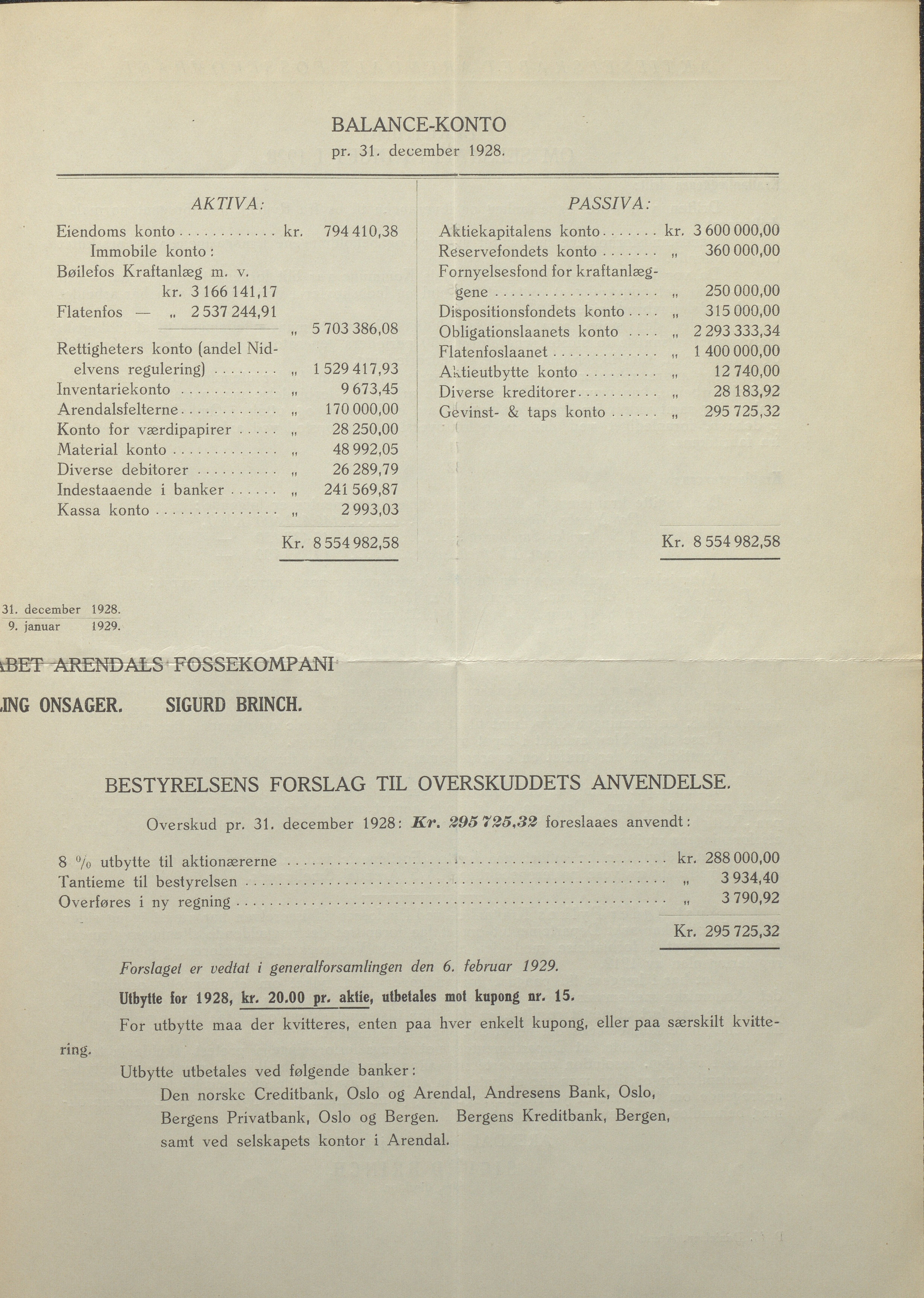 Arendals Fossekompani, AAKS/PA-2413/X/X01/L0001/0009: Beretninger, regnskap, balansekonto, gevinst- og tapskonto / Årsberetning og regnskap 1928 - 1935, 1928-1935, p. 1