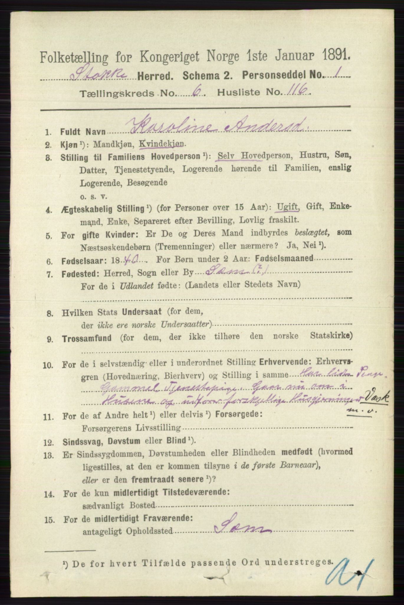 RA, 1891 census for 0720 Stokke, 1891, p. 4505