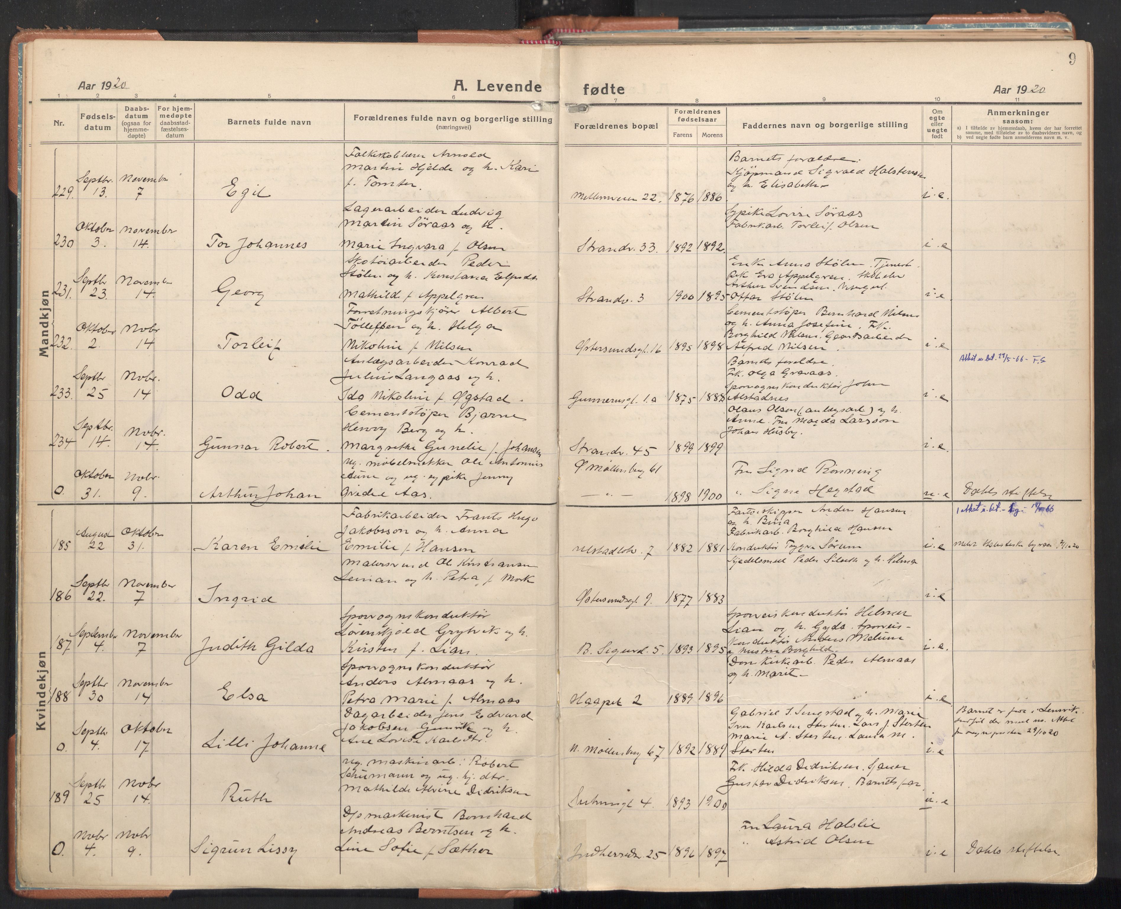 Ministerialprotokoller, klokkerbøker og fødselsregistre - Sør-Trøndelag, AV/SAT-A-1456/605/L0248: Parish register (official) no. 605A10, 1920-1937, p. 9