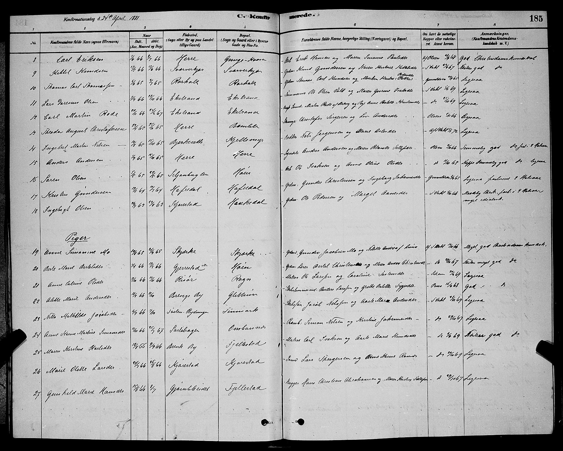 Bamble kirkebøker, SAKO/A-253/G/Ga/L0008: Parish register (copy) no. I 8, 1878-1888, p. 185