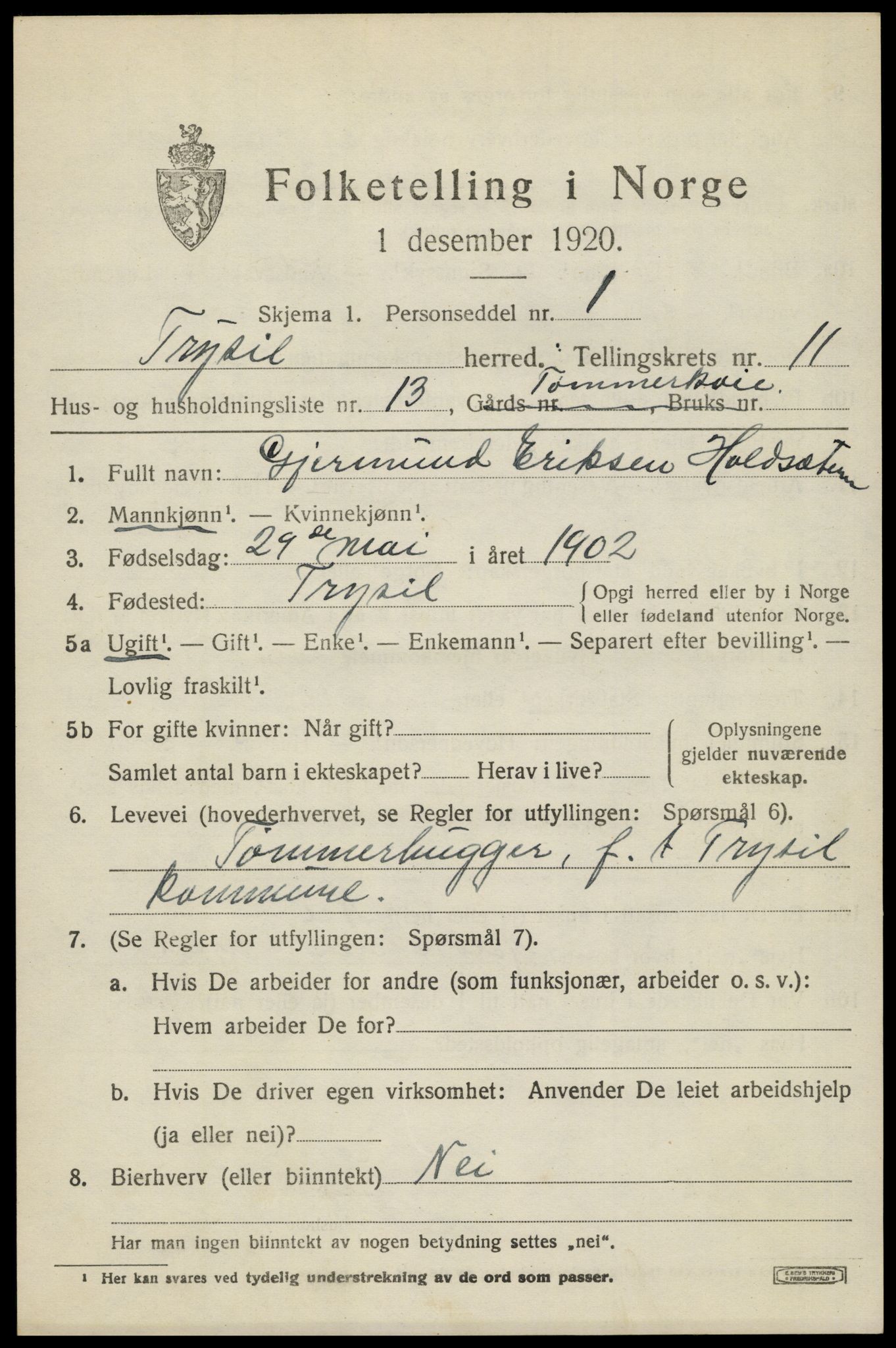 SAH, 1920 census for Trysil, 1920, p. 7103