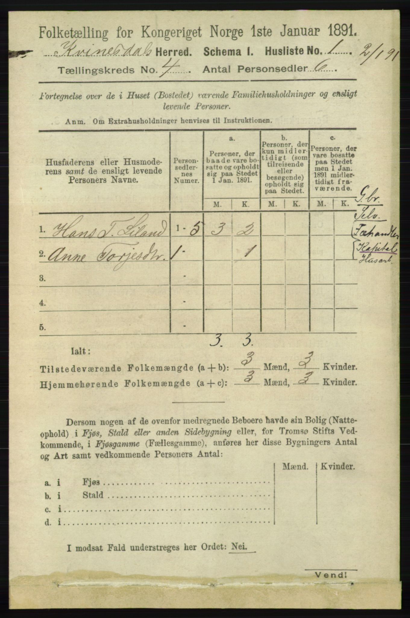 RA, 1891 census for 1037 Kvinesdal, 1891, p. 1394