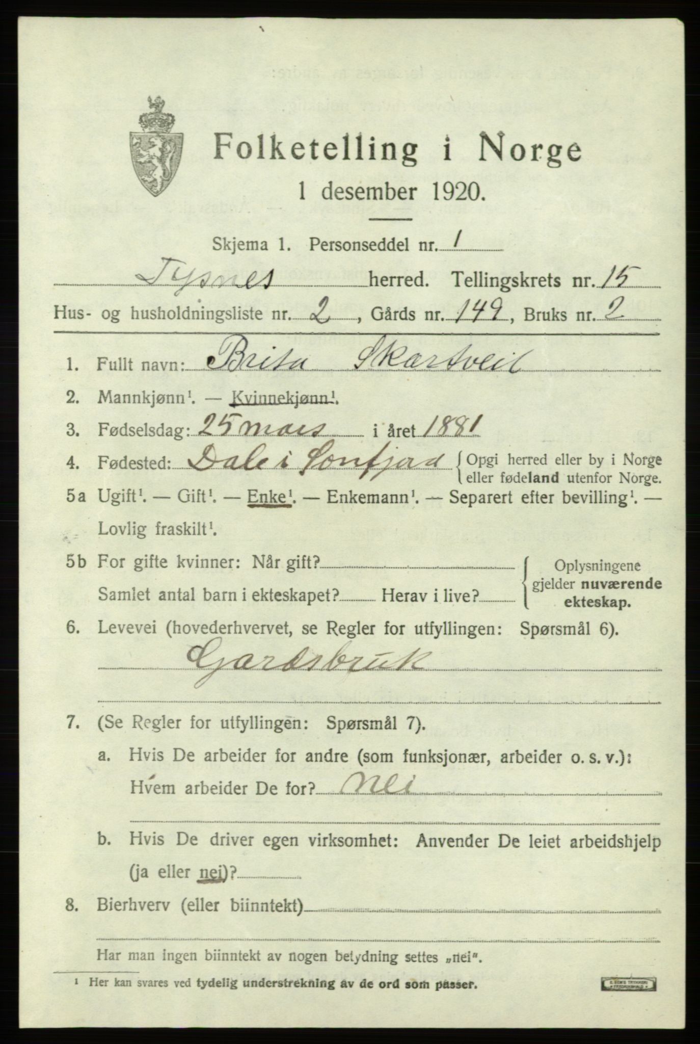 SAB, 1920 census for Tysnes, 1920, p. 9944