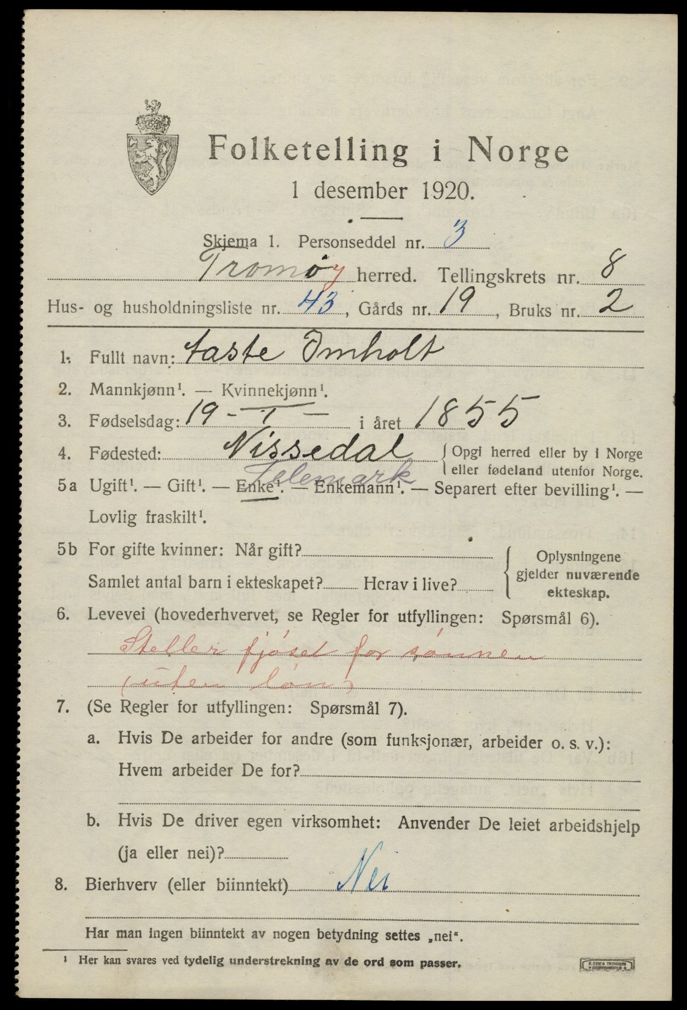 SAK, 1920 census for Tromøy, 1920, p. 5863