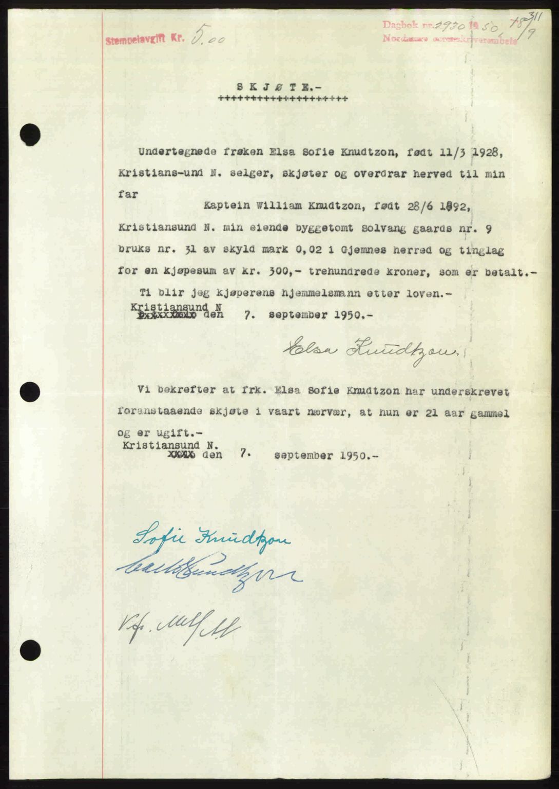 Nordmøre sorenskriveri, AV/SAT-A-4132/1/2/2Ca: Mortgage book no. A116, 1950-1950, Diary no: : 2930/1950