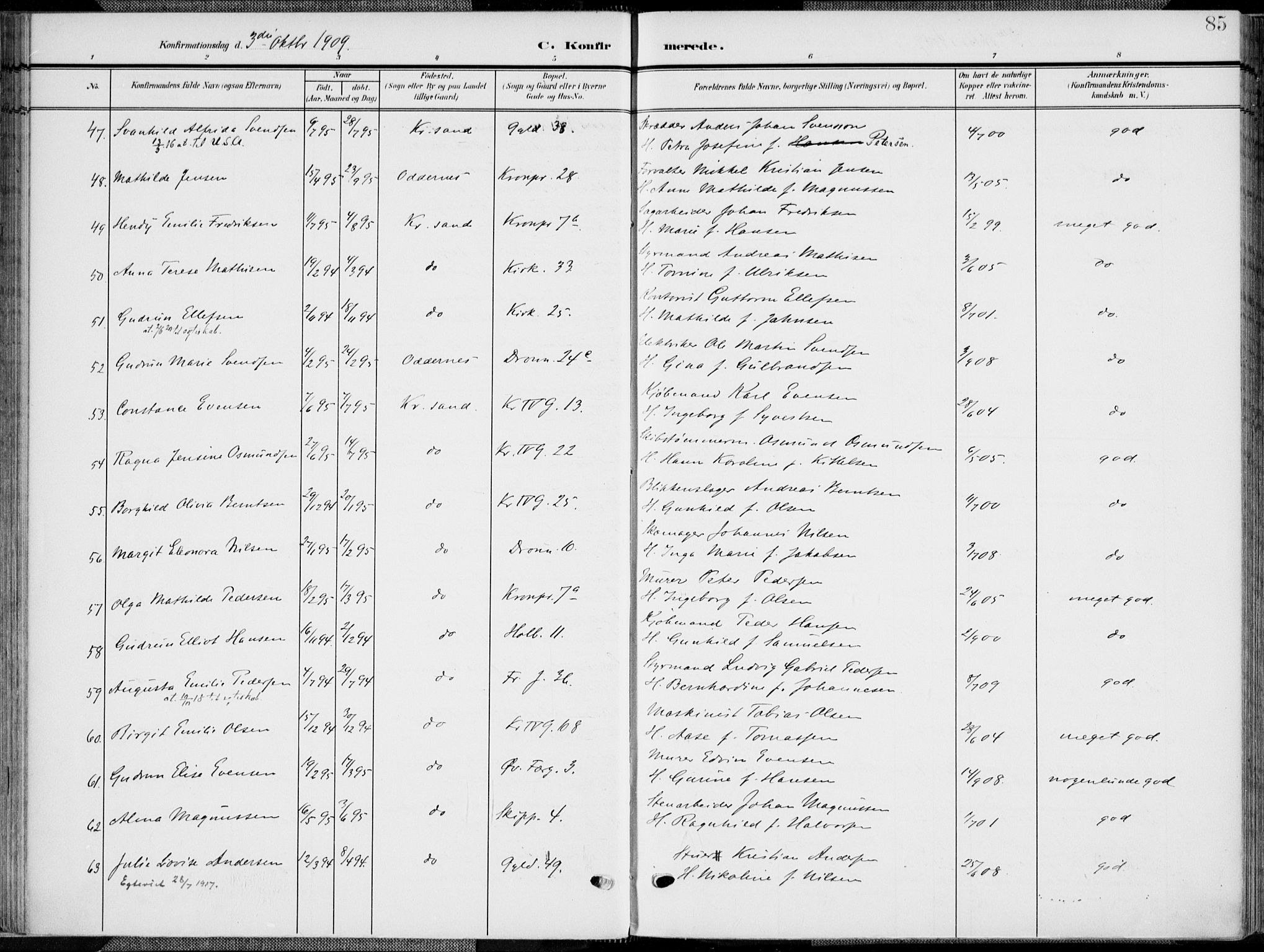 Kristiansand domprosti, AV/SAK-1112-0006/F/Fa/L0022: Parish register (official) no. A 21, 1905-1916, p. 85