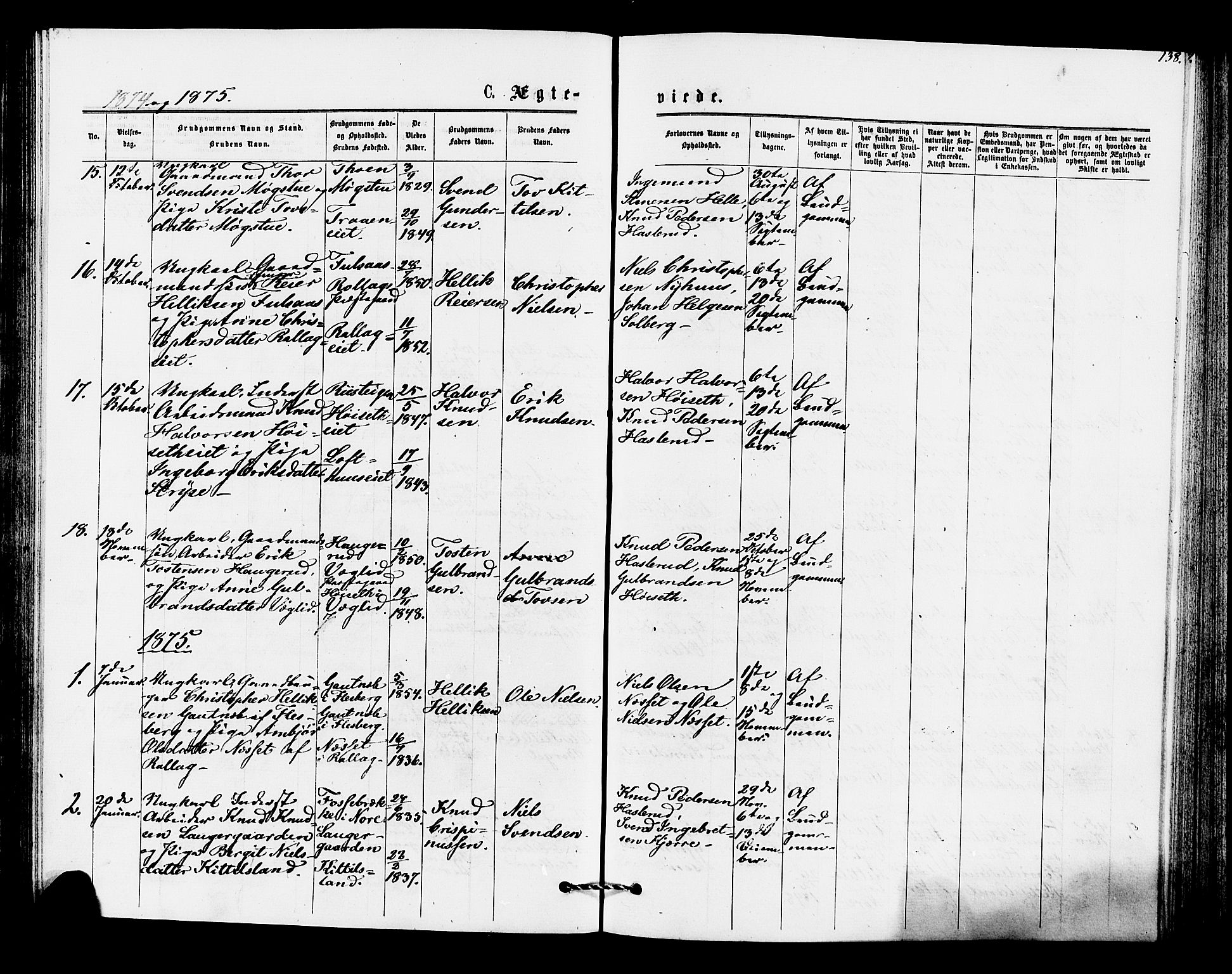 Rollag kirkebøker, SAKO/A-240/F/Fa/L0010: Parish register (official) no. I 10, 1874-1877, p. 138