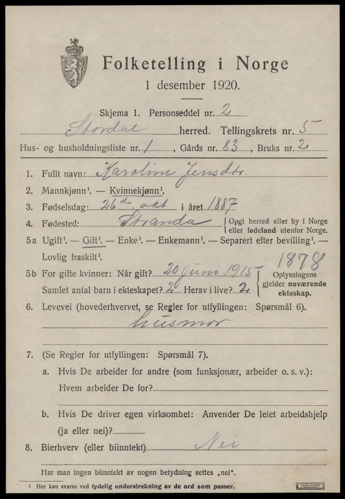 SAT, 1920 census for Stordal, 1920, p. 1538