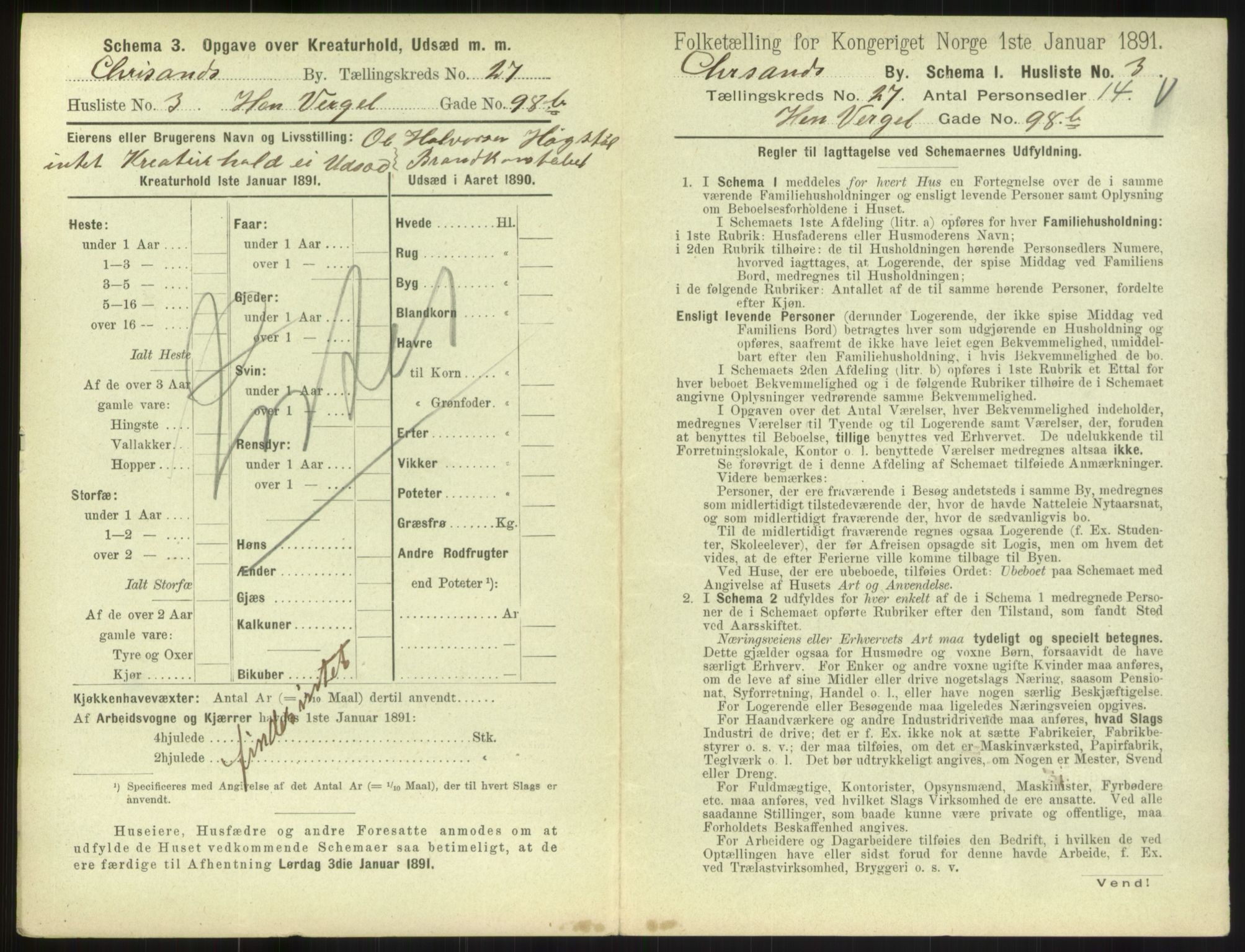 RA, 1891 census for 1001 Kristiansand, 1891, p. 1500