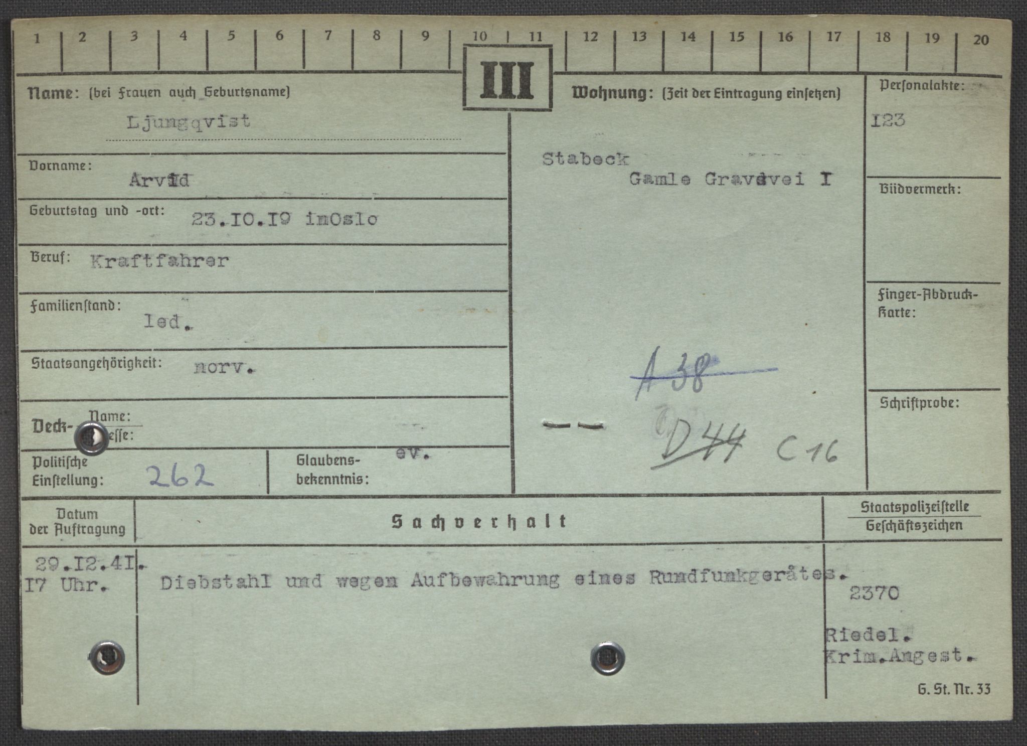Befehlshaber der Sicherheitspolizei und des SD, RA/RAFA-5969/E/Ea/Eaa/L0006: Register over norske fanger i Møllergata 19: Kj-Lund, 1940-1945, p. 1199