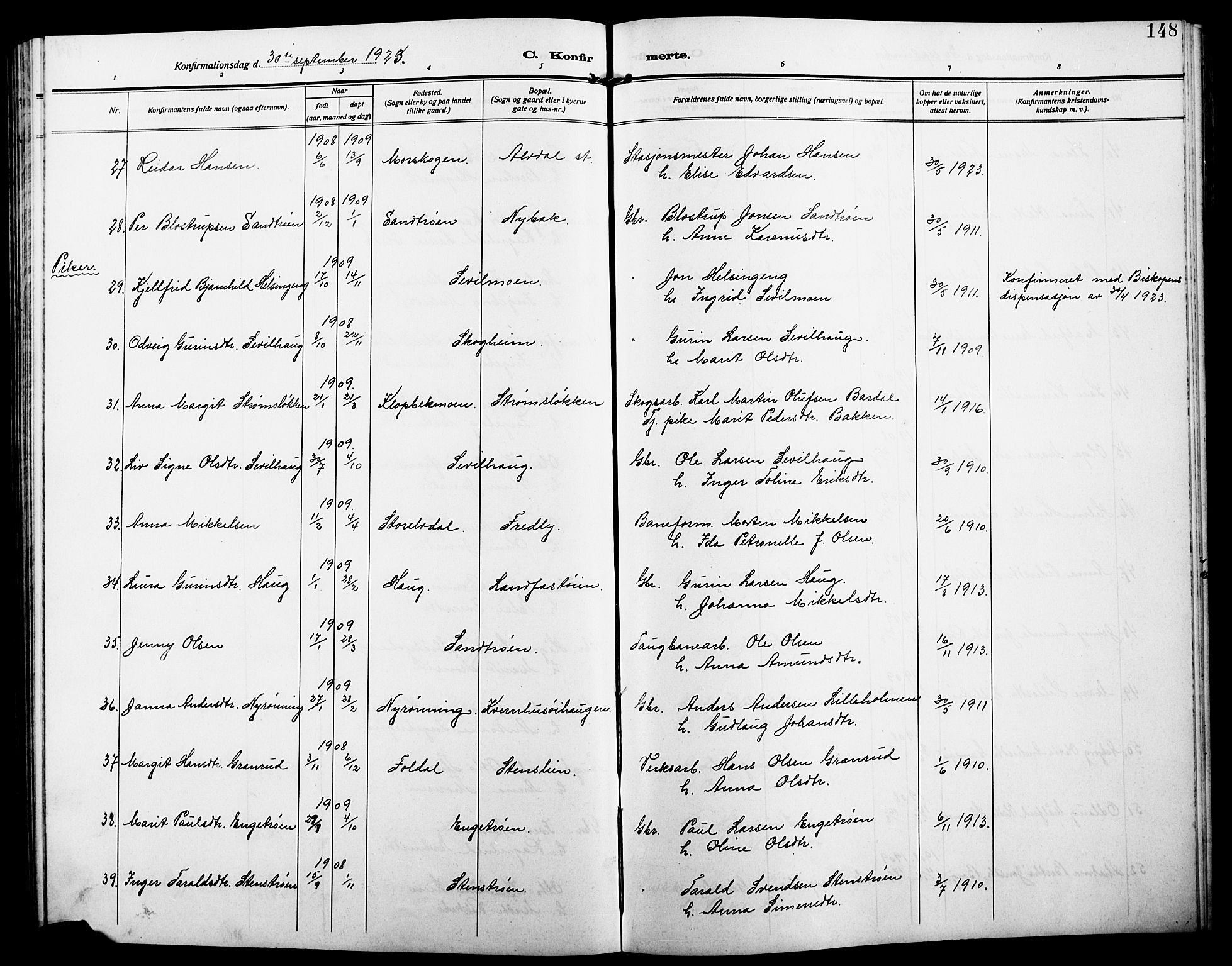 Alvdal prestekontor, AV/SAH-PREST-060/H/Ha/Hab/L0005: Parish register (copy) no. 5, 1908-1923, p. 148