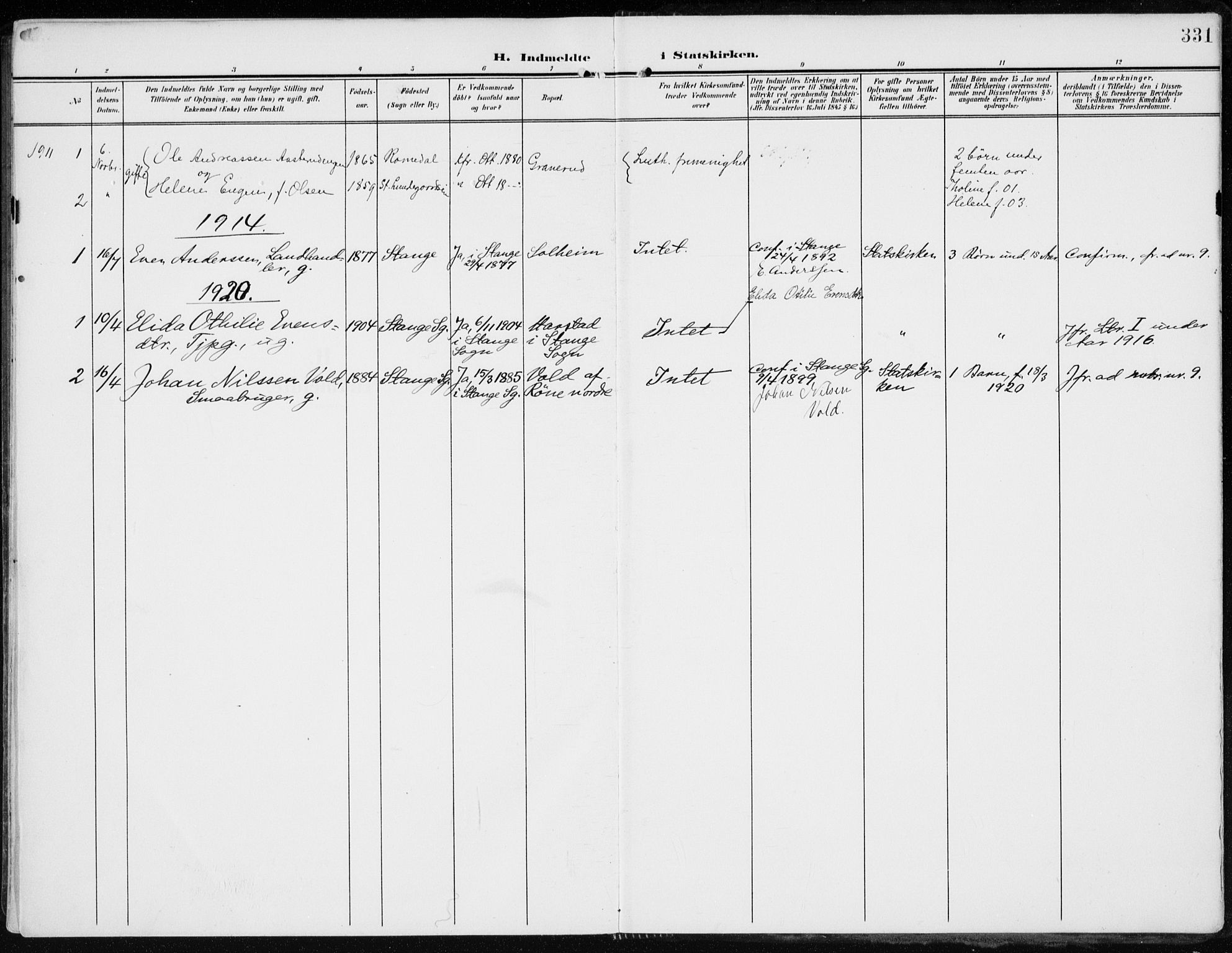Stange prestekontor, SAH/PREST-002/K/L0024: Parish register (official) no. 24, 1906-1922, p. 331