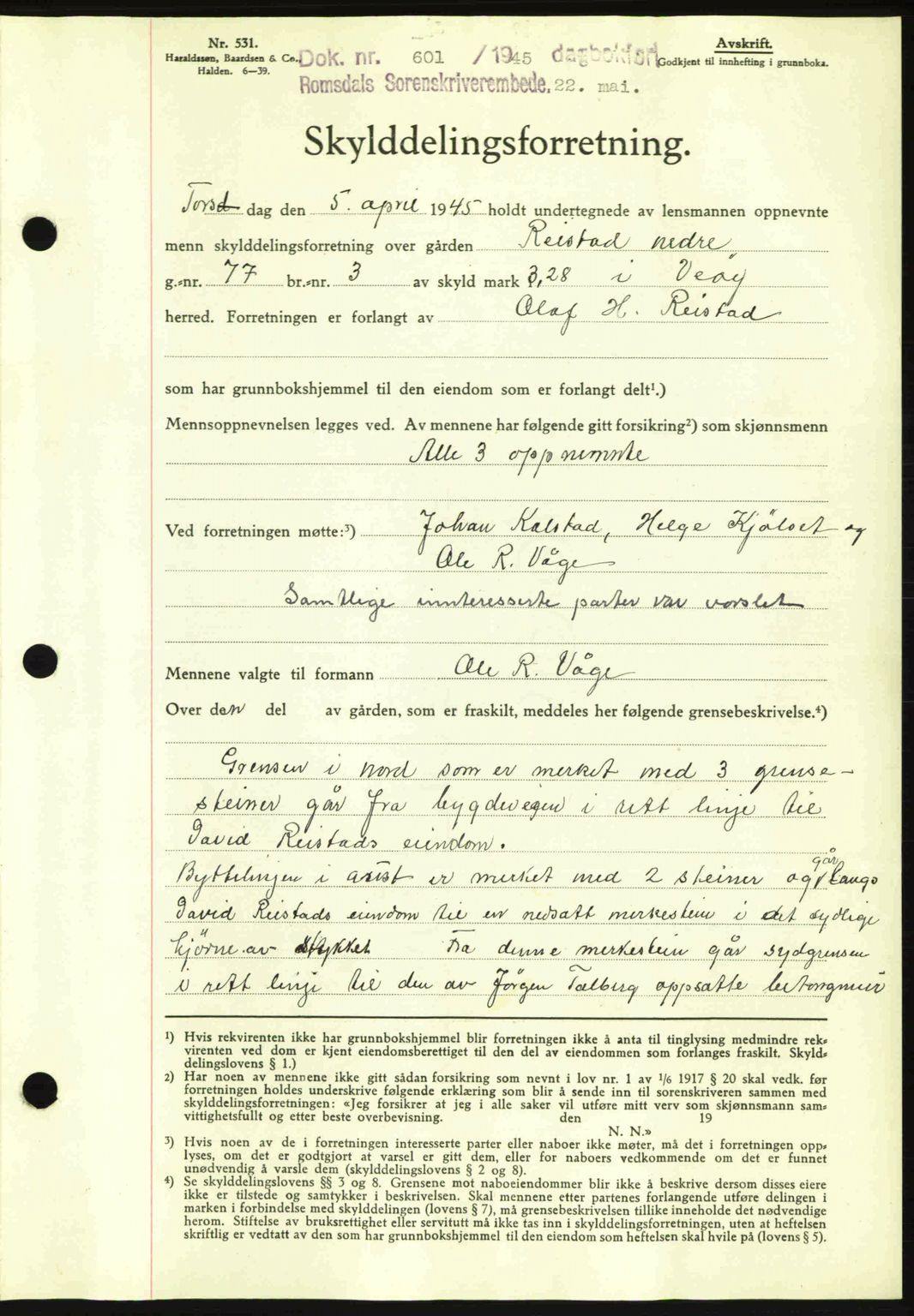 Romsdal sorenskriveri, AV/SAT-A-4149/1/2/2C: Mortgage book no. A17, 1944-1945, Diary no: : 601/1945