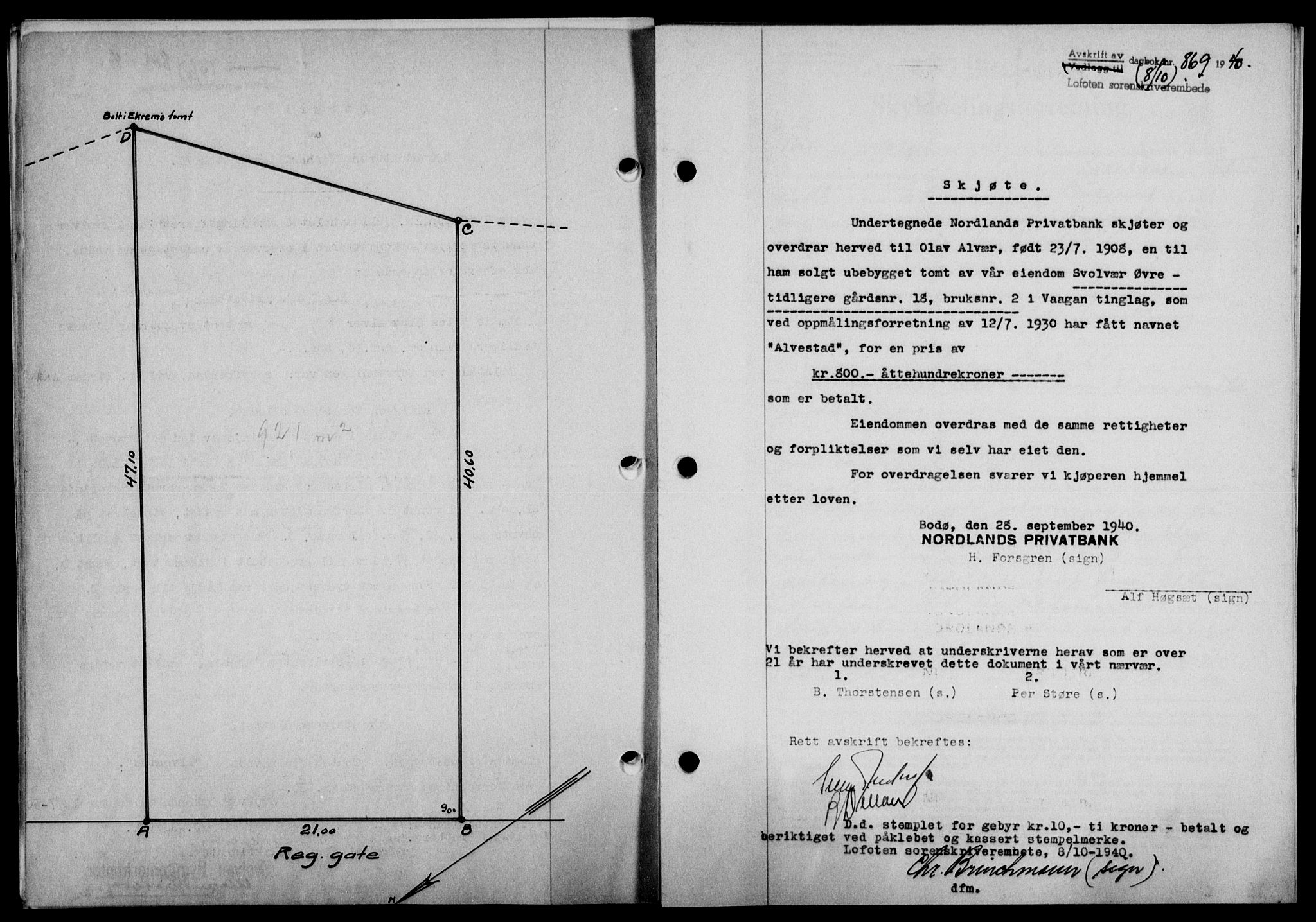 Lofoten sorenskriveri, SAT/A-0017/1/2/2C/L0007a: Mortgage book no. 7a, 1939-1940, Diary no: : 869/1940