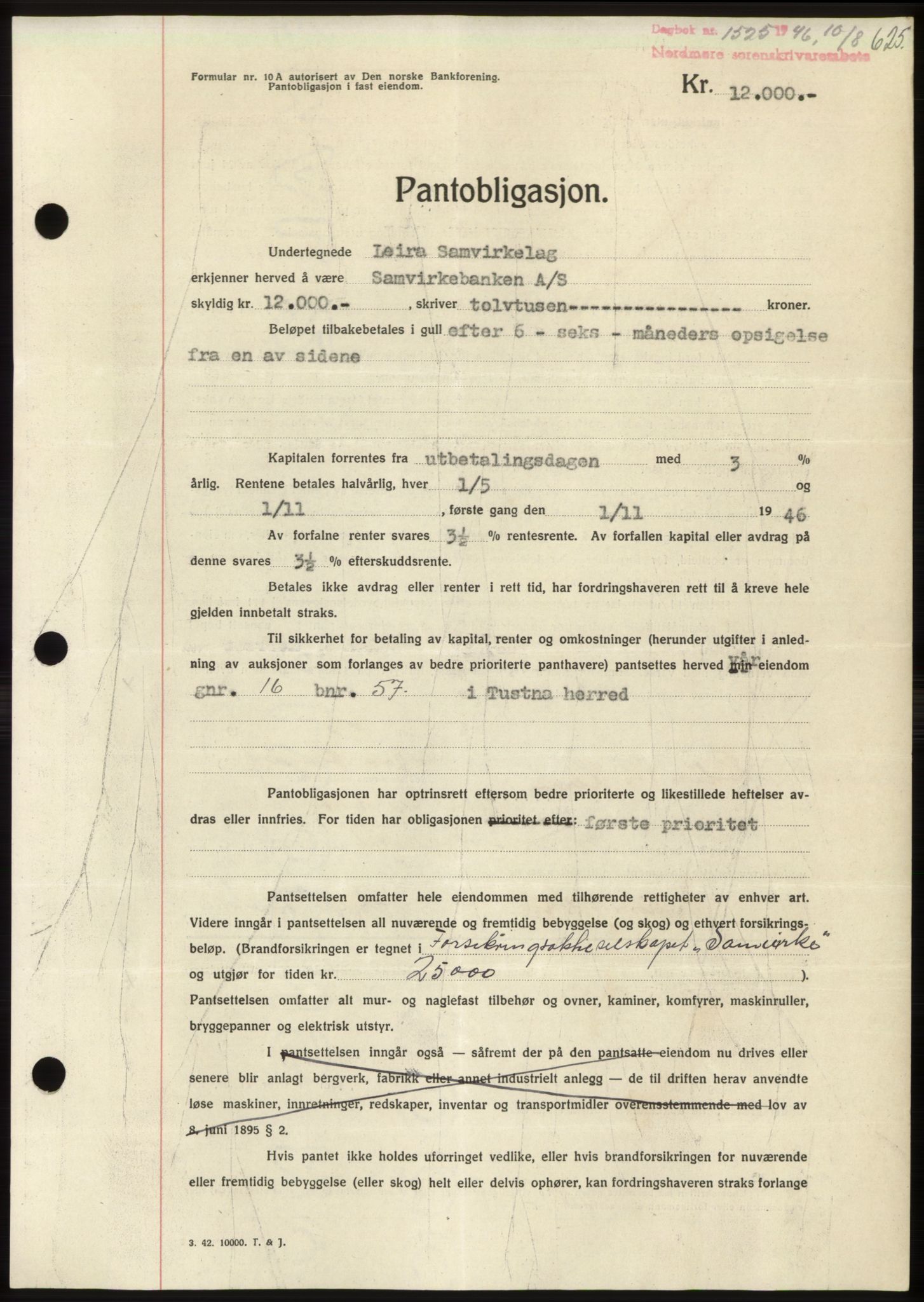 Nordmøre sorenskriveri, AV/SAT-A-4132/1/2/2Ca: Mortgage book no. B94, 1946-1946, Diary no: : 1525/1946