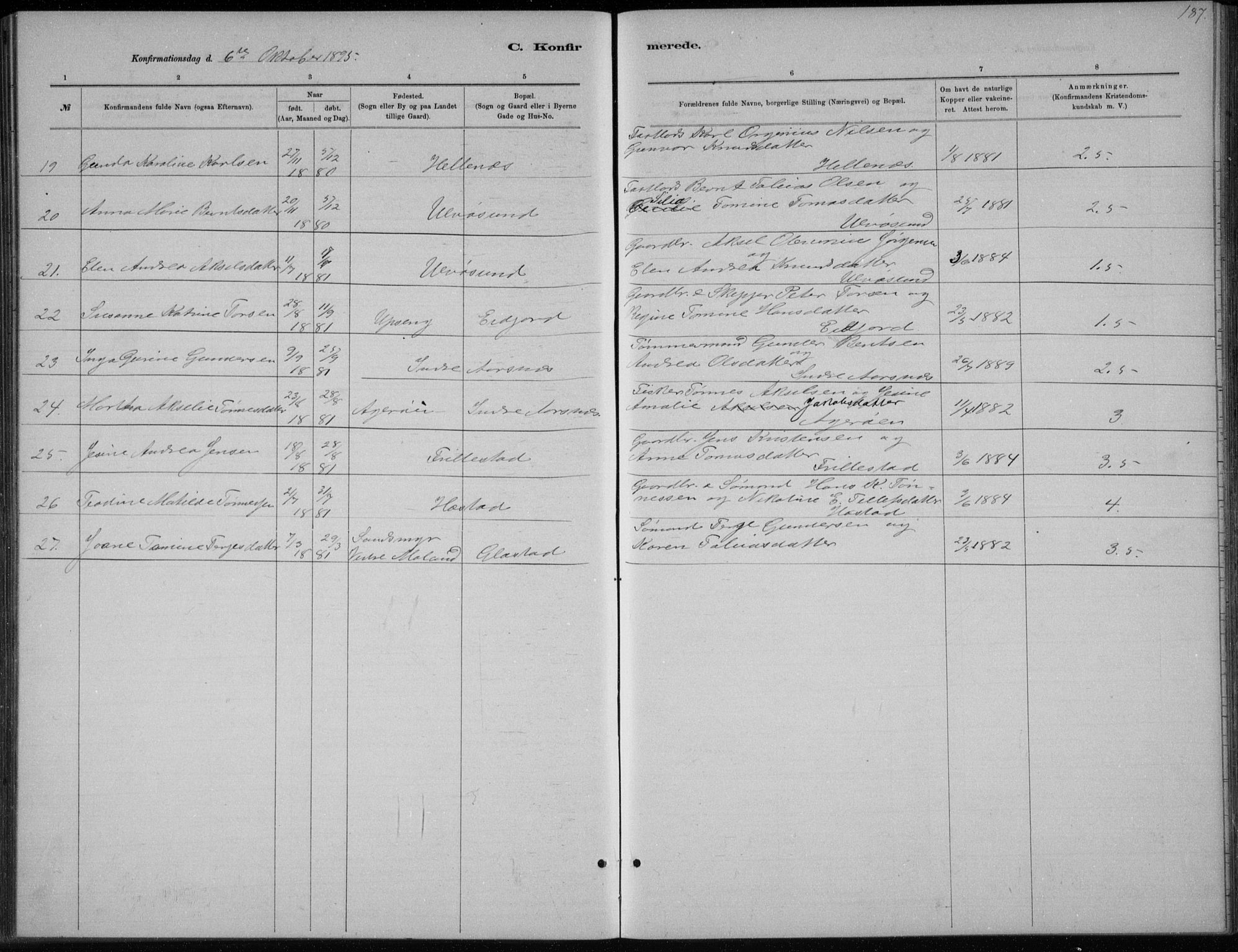 Høvåg sokneprestkontor, SAK/1111-0025/F/Fb/L0004: Parish register (copy) no. B 4, 1883-1898, p. 187