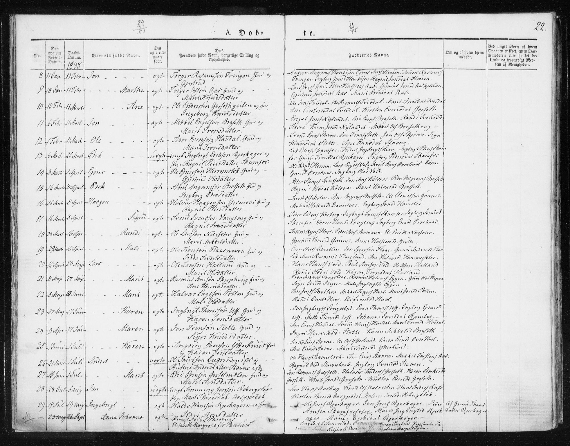Ministerialprotokoller, klokkerbøker og fødselsregistre - Sør-Trøndelag, SAT/A-1456/674/L0869: Parish register (official) no. 674A01, 1829-1860, p. 22