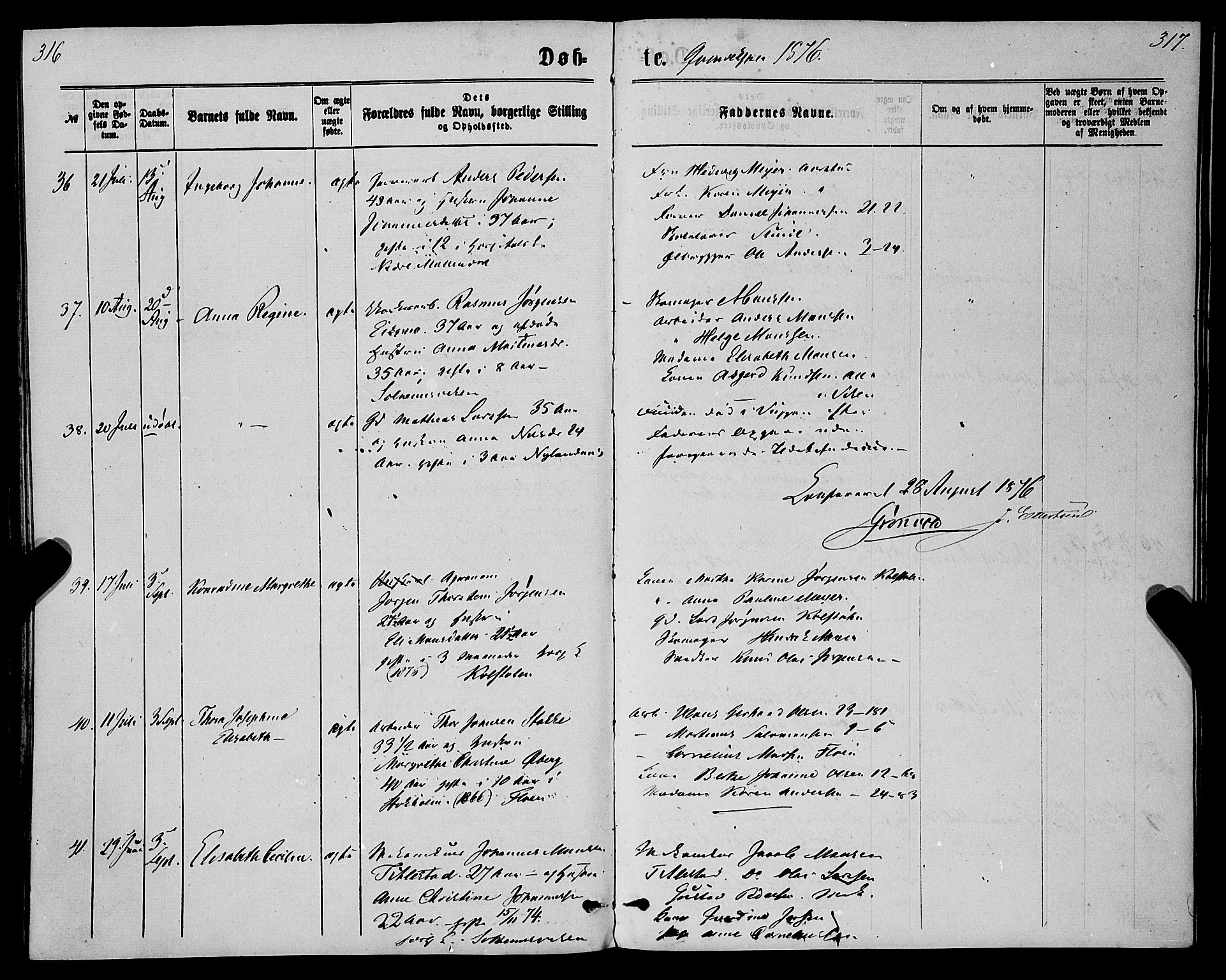 St. Jørgens hospital og Årstad sokneprestembete, AV/SAB-A-99934: Parish register (official) no. A 6, 1870-1878, p. 316-317