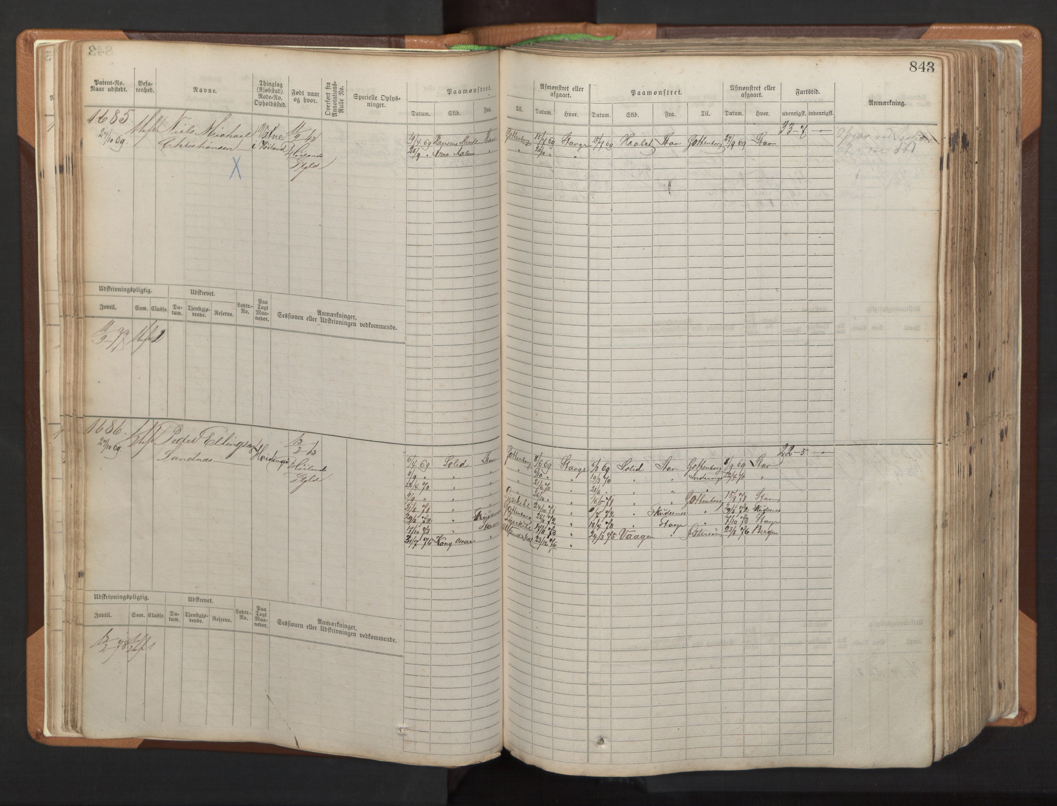 Stavanger sjømannskontor, AV/SAST-A-102006/F/Fb/Fbb/L0006: Sjøfartshovedrulle, patentnr. 1607-2402 (del 3), 1869-1880, p. 42