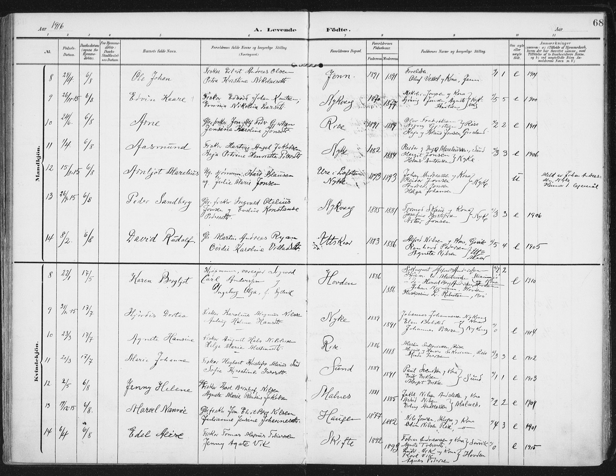 Ministerialprotokoller, klokkerbøker og fødselsregistre - Nordland, SAT/A-1459/892/L1321: Parish register (official) no. 892A02, 1902-1918, p. 68