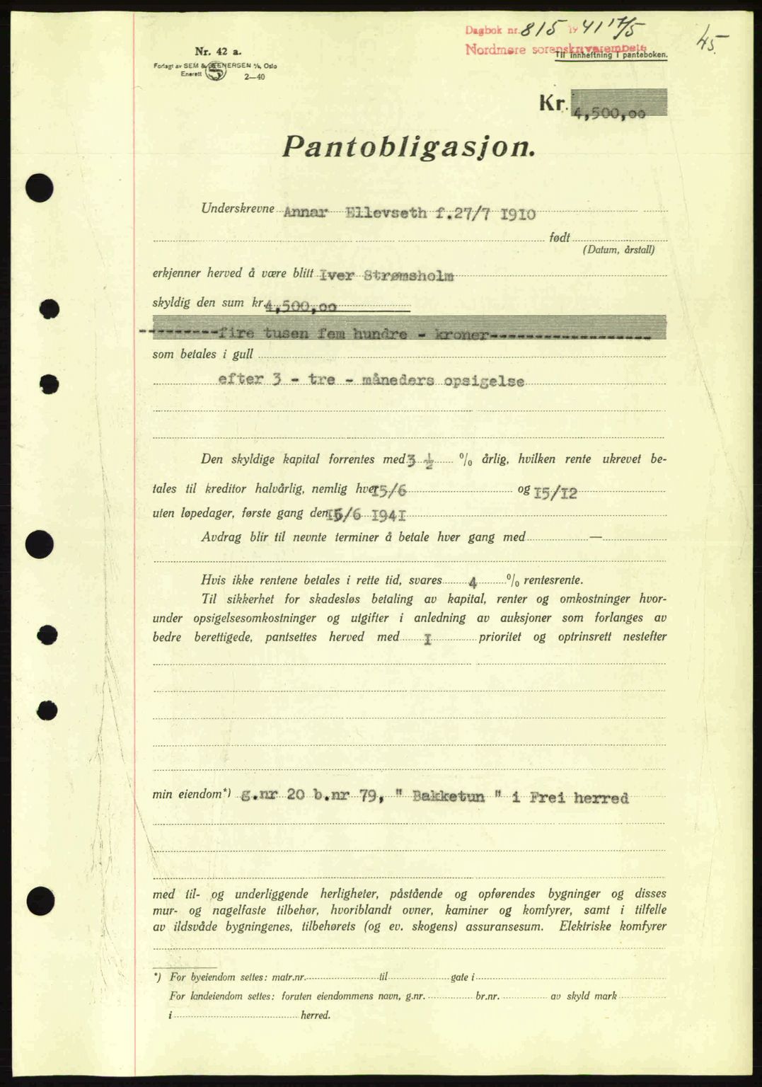 Nordmøre sorenskriveri, AV/SAT-A-4132/1/2/2Ca: Mortgage book no. B88, 1941-1942, Diary no: : 815/1941