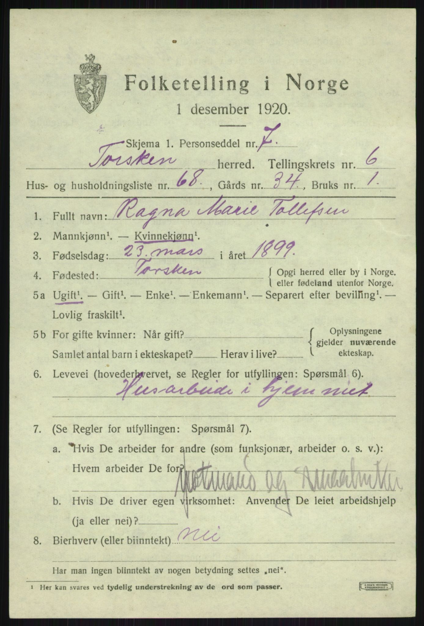 SATØ, 1920 census for Torsken, 1920, p. 3260