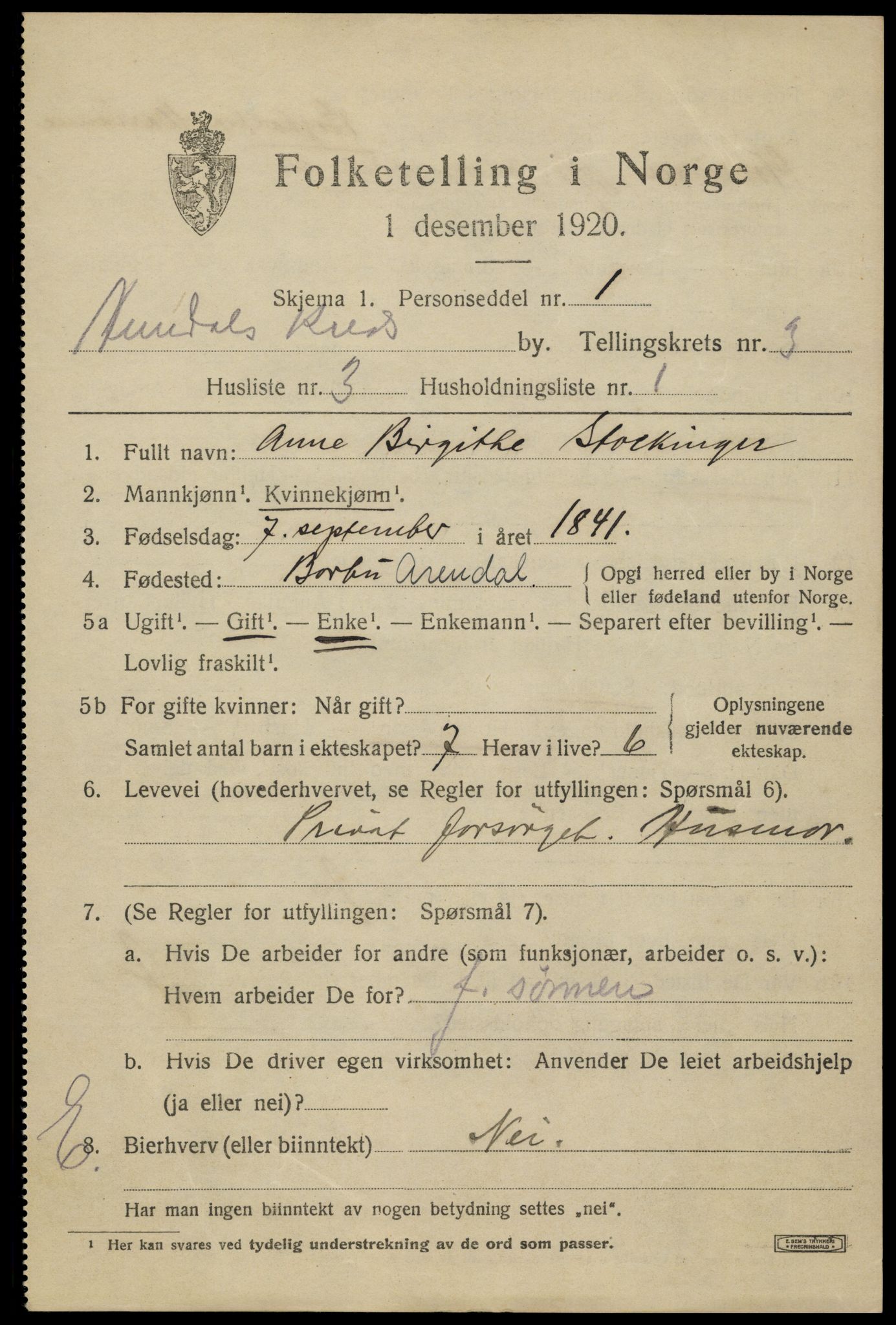 SAK, 1920 census for Arendal, 1920, p. 10798