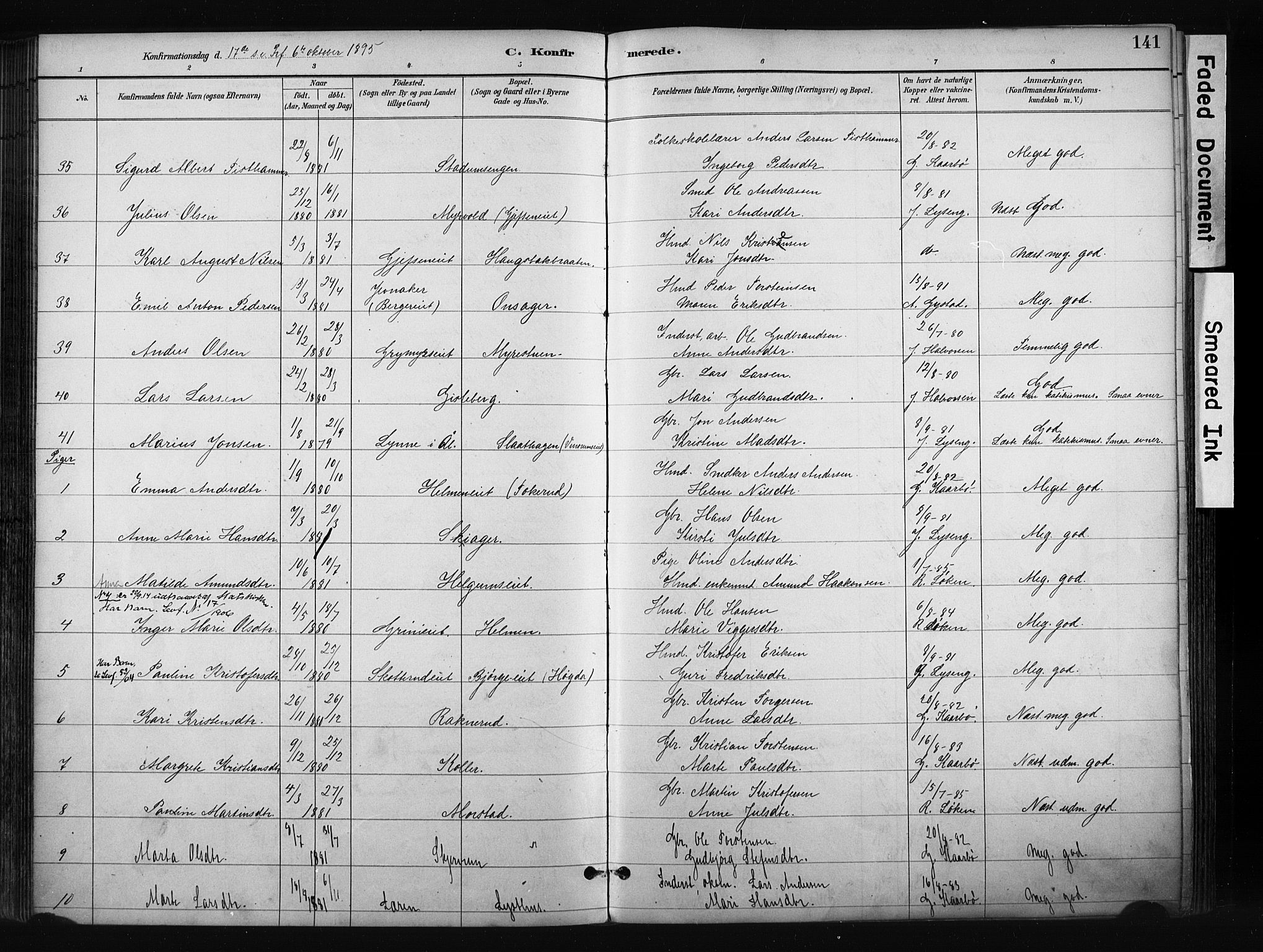 Gran prestekontor, AV/SAH-PREST-112/H/Ha/Haa/L0017: Parish register (official) no. 17, 1889-1897, p. 141