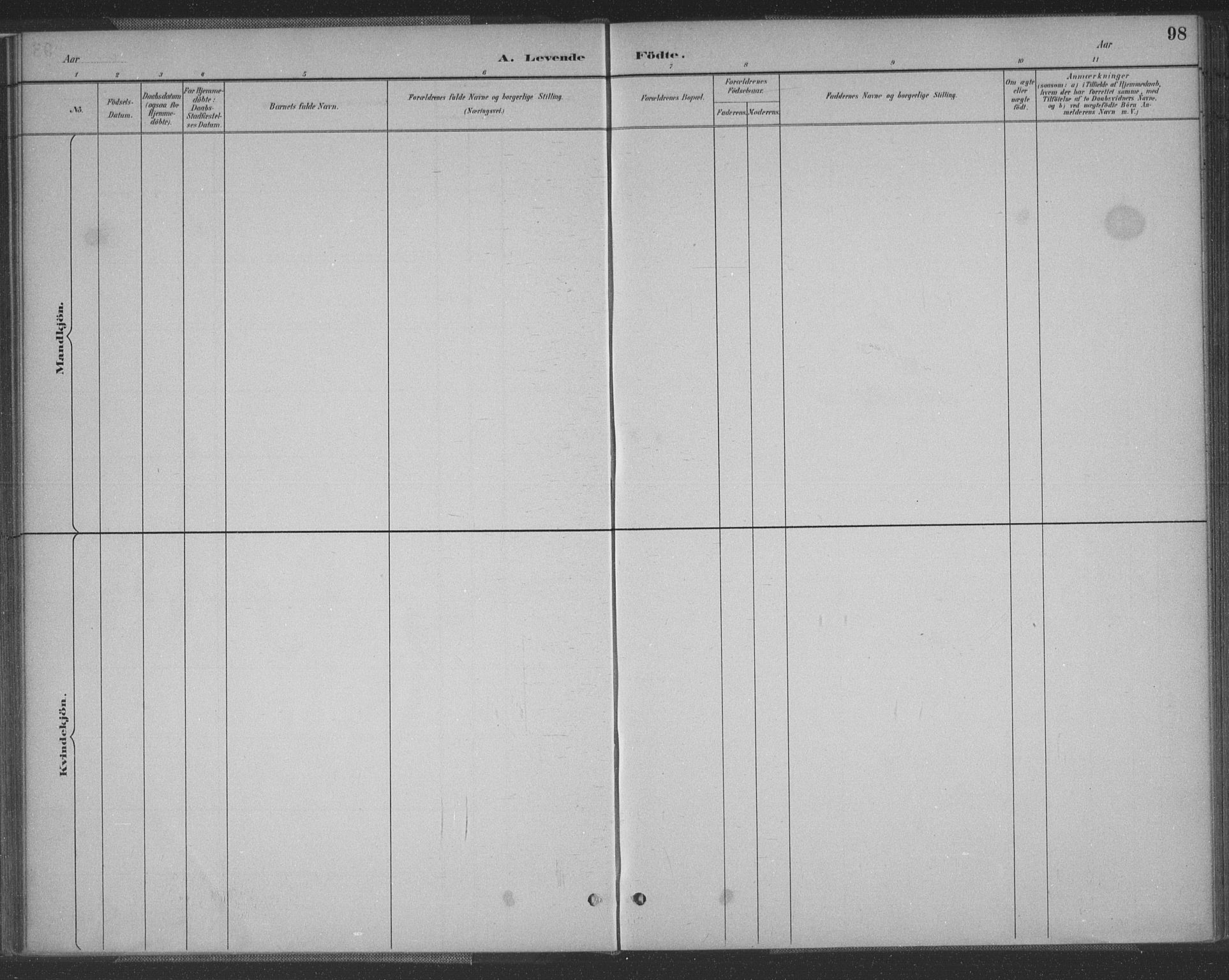 Vennesla sokneprestkontor, SAK/1111-0045/Fa/Fac/L0009: Parish register (official) no. A 9, 1884-1901, p. 98