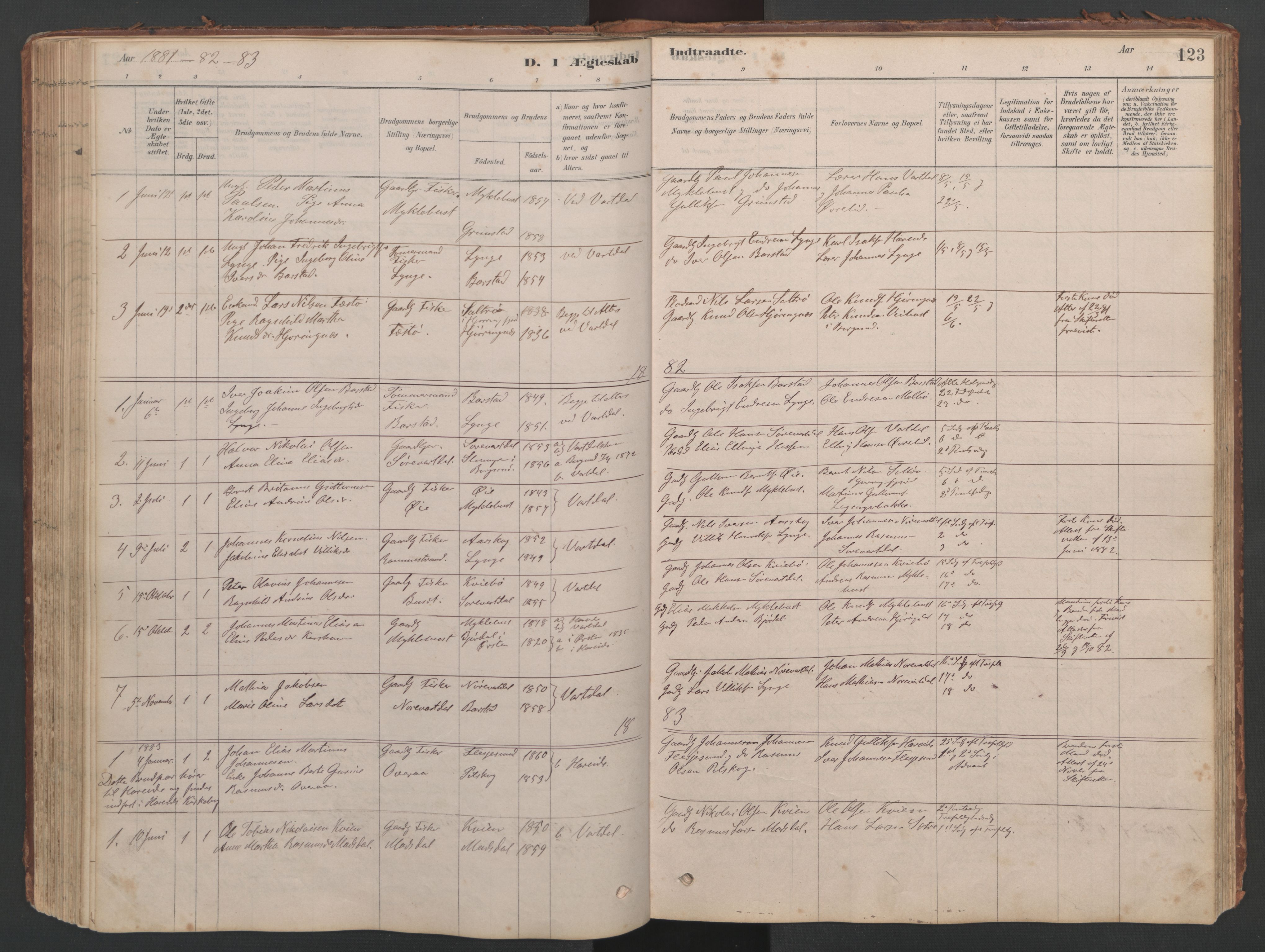 Ministerialprotokoller, klokkerbøker og fødselsregistre - Møre og Romsdal, SAT/A-1454/514/L0201: Parish register (copy) no. 514C01, 1878-1919, p. 123