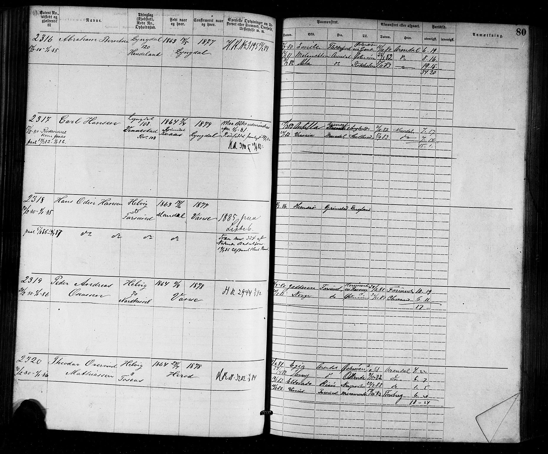 Farsund mønstringskrets, AV/SAK-2031-0017/F/Fa/L0002: Annotasjonsrulle nr 1921-3815 med register, M-2, 1877-1894, p. 106