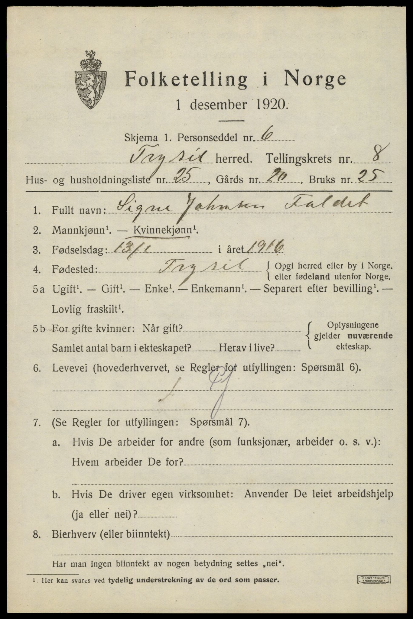 SAH, 1920 census for Trysil, 1920, p. 6539