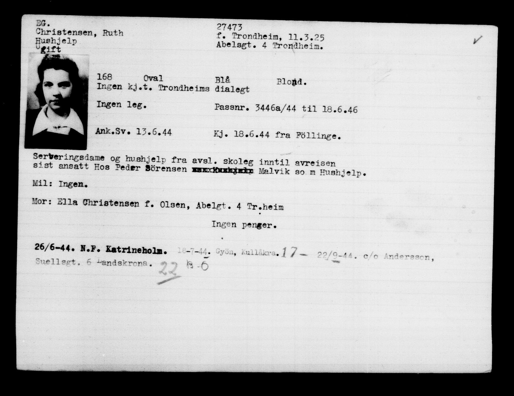 Utenriksstasjonene, Legasjonen i Stockholm, Flyktningkontoret, AV/RA-S-6753/V/Va/L0011: Kjesäterkartoteket, flyktninger med registreringsnr. 25300-28349, 1940-1945, p. 2303