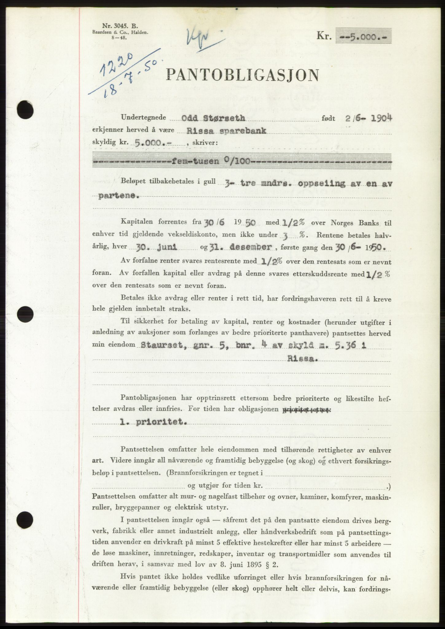 Fosen sorenskriveri, AV/SAT-A-1107/1/2/2C: Mortgage book no. B, 1948-1950, Diary no: : 1220/1950