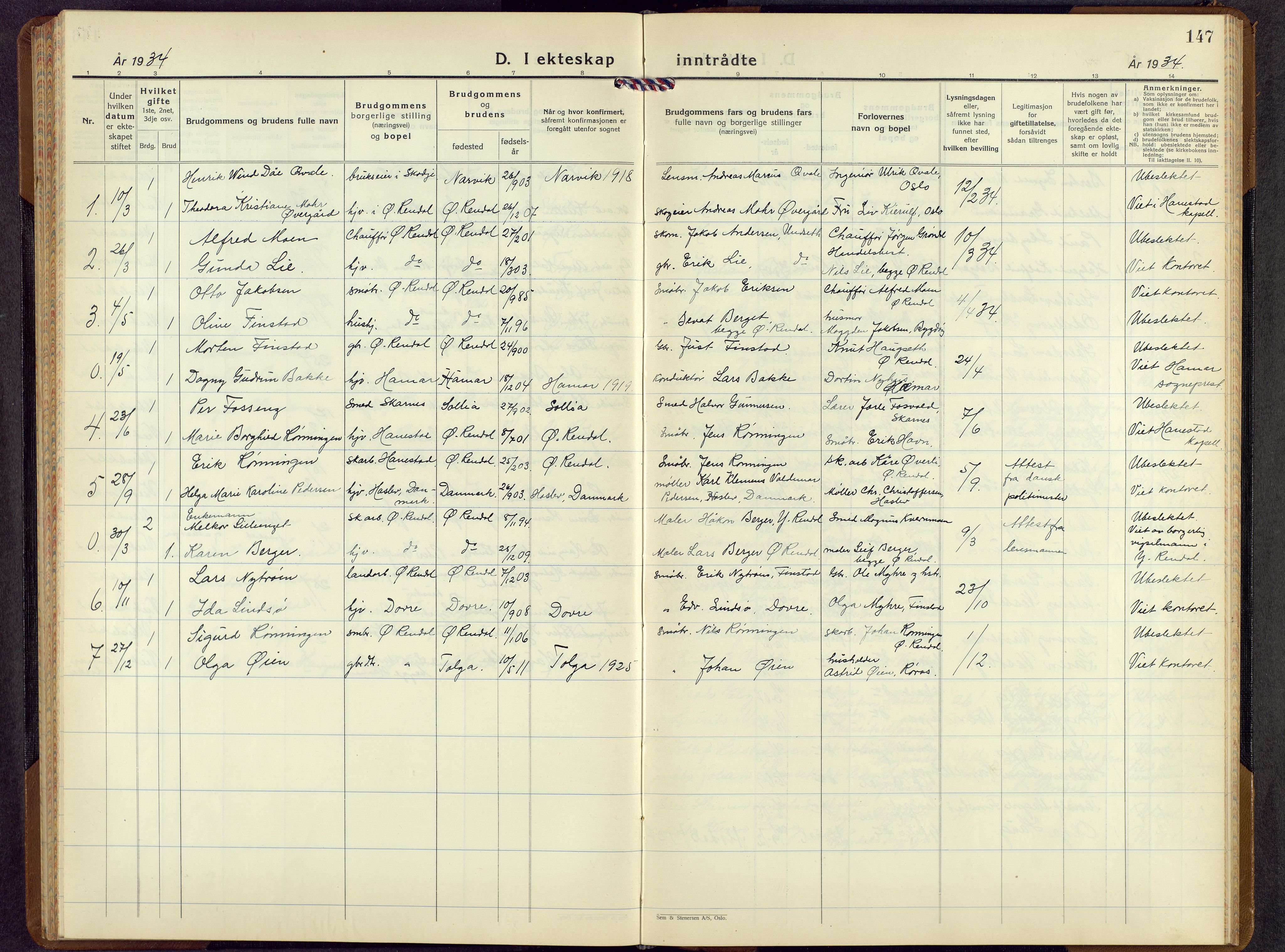 Rendalen prestekontor, AV/SAH-PREST-054/H/Ha/Hab/L0005: Parish register (copy) no. 5, 1931-1959, p. 147