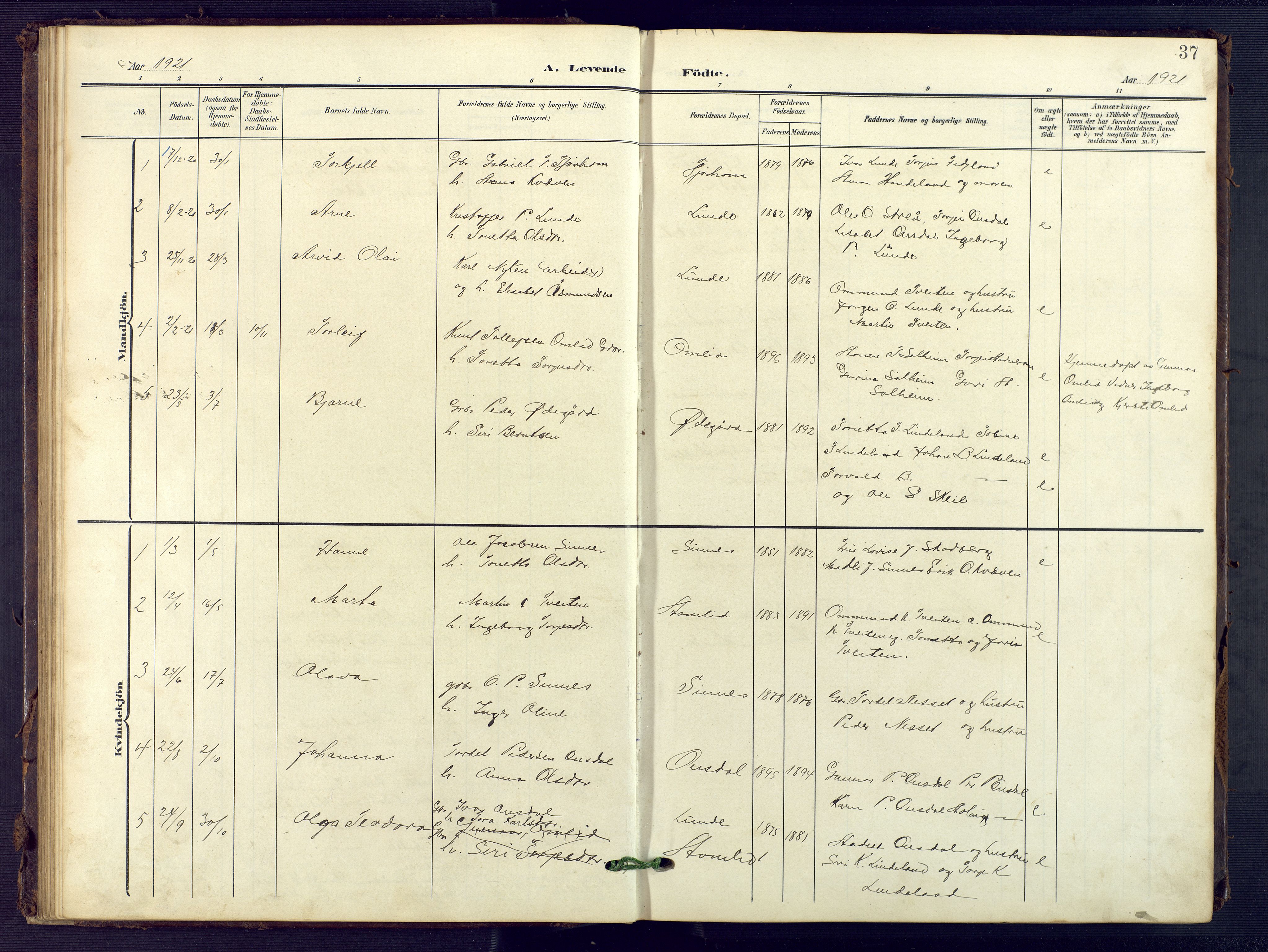 Sirdal sokneprestkontor, SAK/1111-0036/F/Fb/Fba/L0002: Parish register (copy) no. B 2, 1905-1958, p. 37