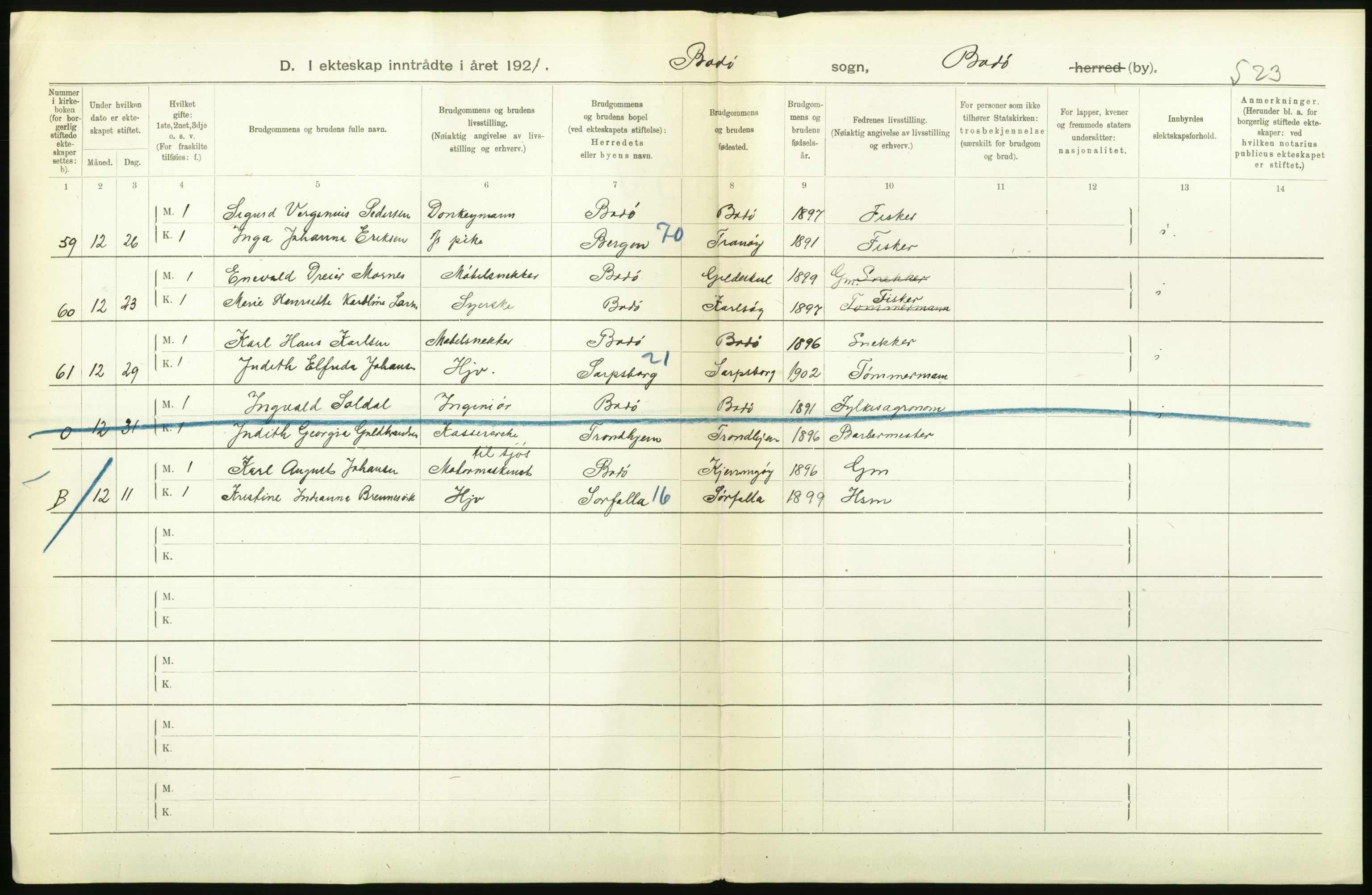 Statistisk sentralbyrå, Sosiodemografiske emner, Befolkning, AV/RA-S-2228/D/Df/Dfb/Dfbj/L0057: Nordland fylke: Gifte, dødfødte. Bygder og byer., 1920, p. 20