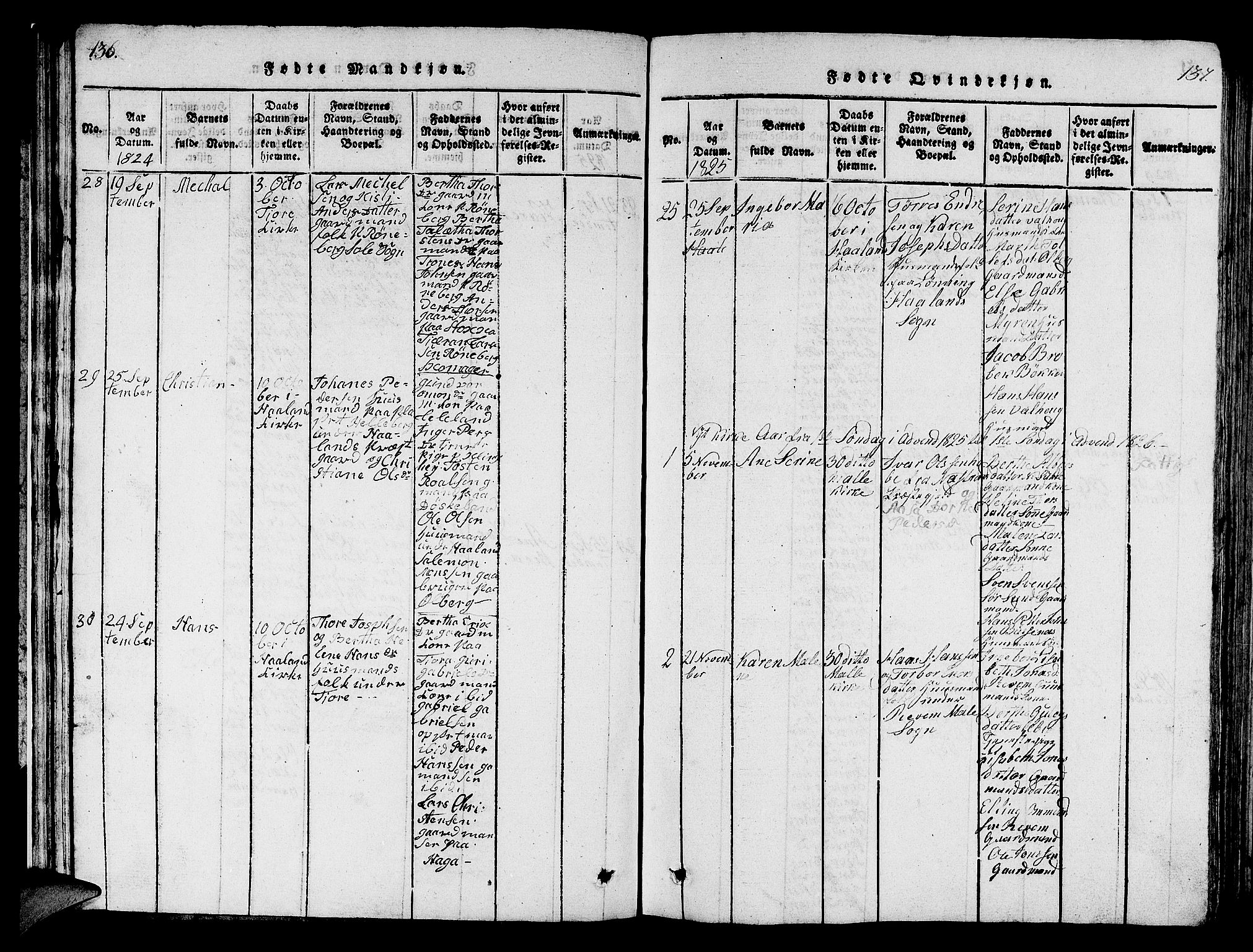 Håland sokneprestkontor, AV/SAST-A-101802/001/30BB/L0001: Parish register (copy) no. B 1, 1815-1845, p. 136-137