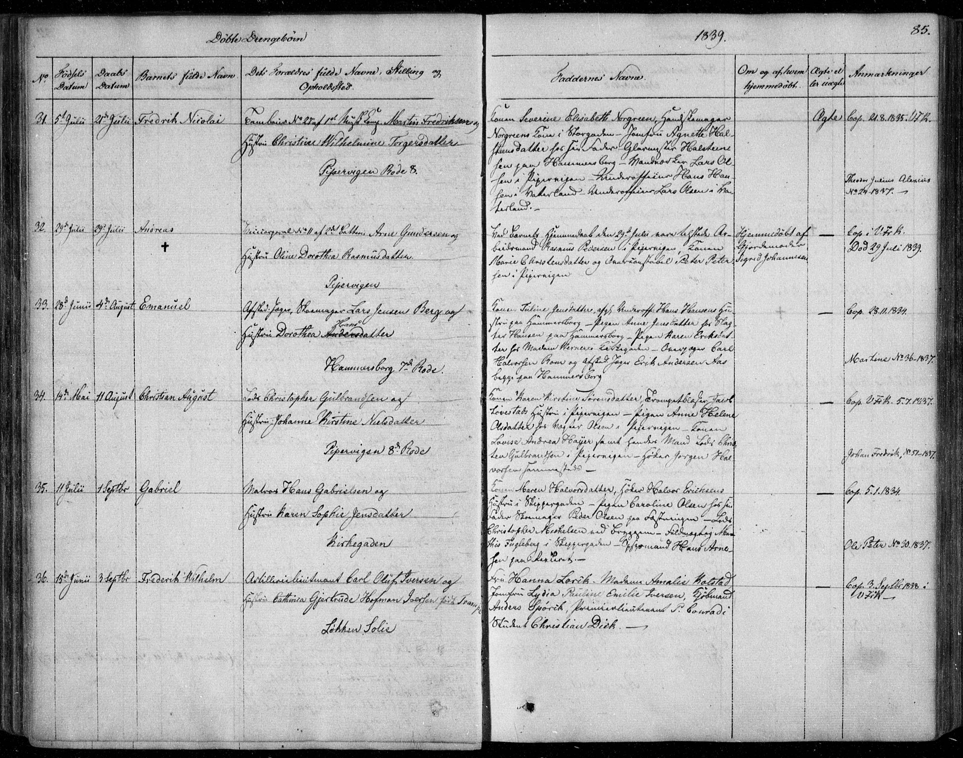 Garnisonsmenigheten Kirkebøker, SAO/A-10846/F/Fa/L0006: Parish register (official) no. 6, 1828-1841, p. 85